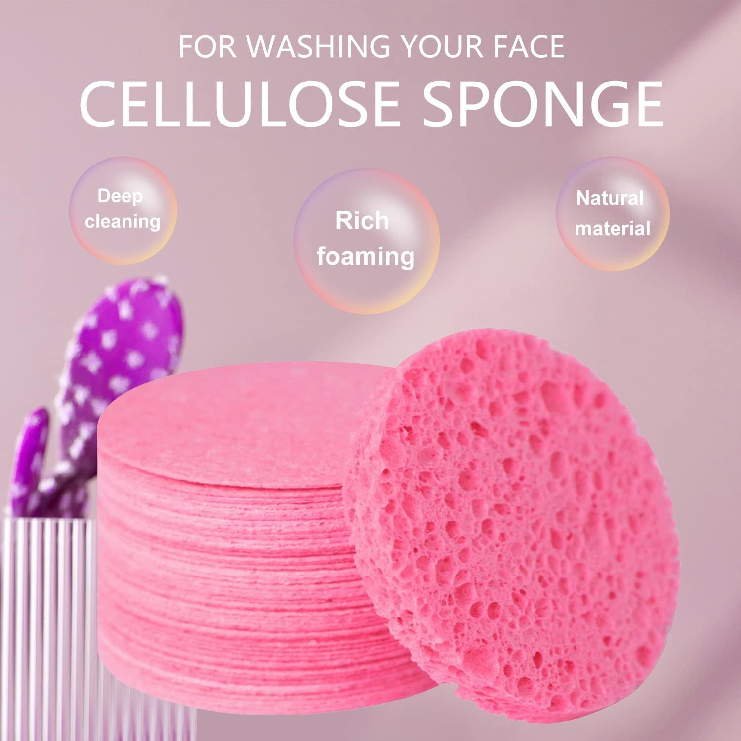 Spunspon 50-Count Facial Sponges, Compressed Natural Cellulose, Pink, round Shape, Face Cleansing, Exfoliating, Makeup Removal - 100- Pack Black image number 4