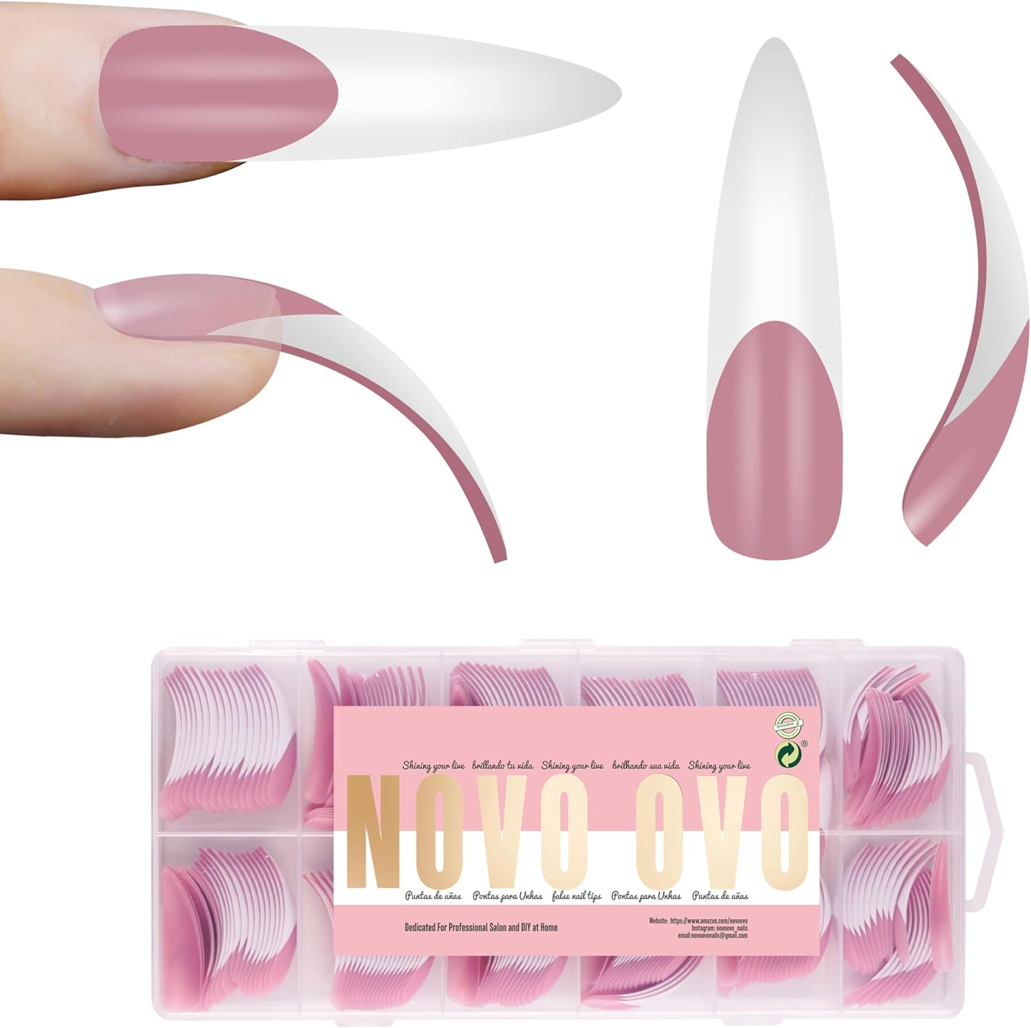 NOVO OVO Halloween XXL Curved Stiletto Almond French Tip Nail Tips, Soft Gel Extra Thick Long Acrylic Hawk Curve Fake Extension, Need Builder Gel & Top Coat, Full Cover Press on DIY 12 Sizes 240 Pcs - Short Duck Nails With Moon Curve_Eu image number 4