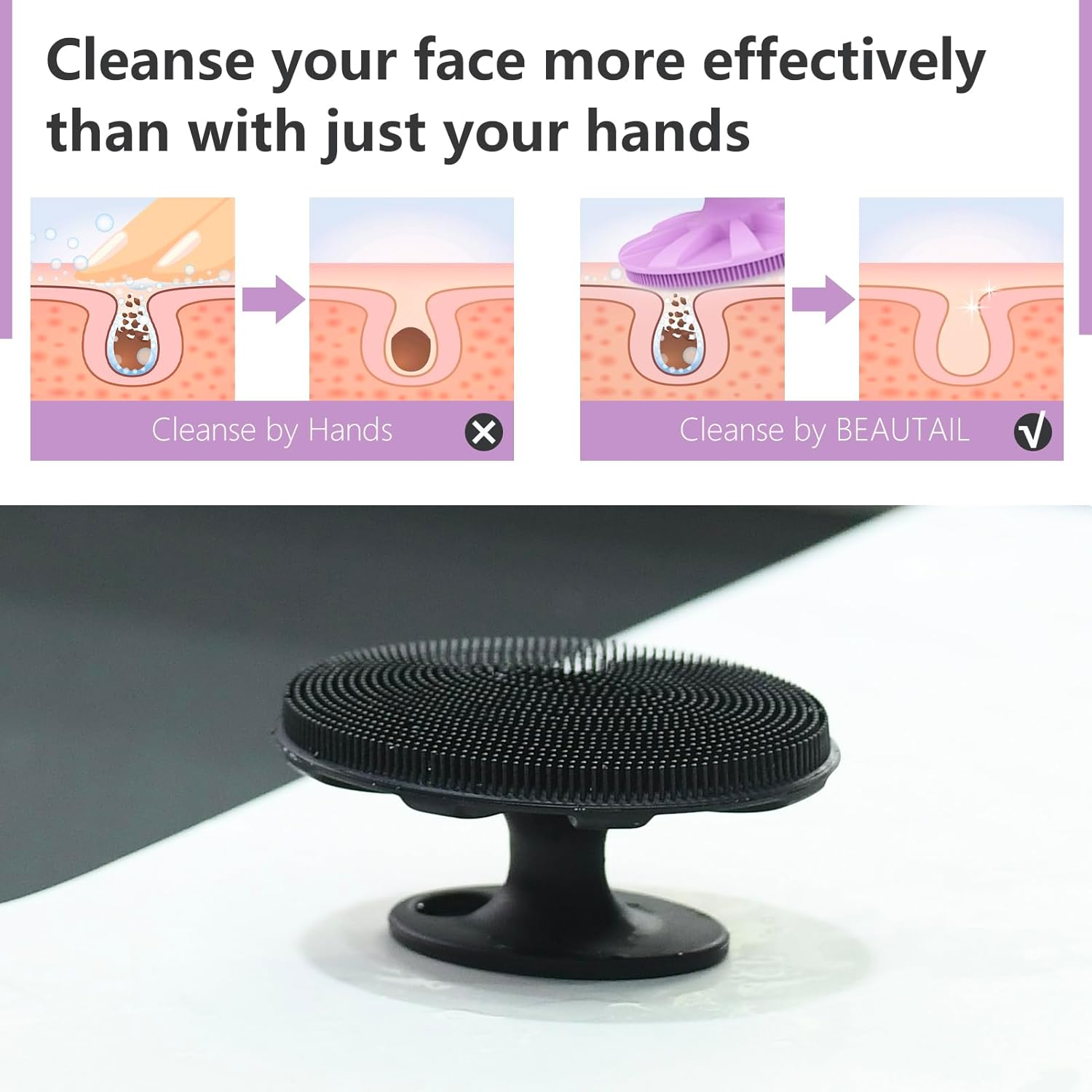BEAUTAIL Silicone Face Scrubber 2 Pack, Manual Facial Cleansing Brush, Gentle Face Exfoliator for Sensitive Skin, Skin Care Exfoliating Face Brush for Men and Women, Black+Purple image number 4