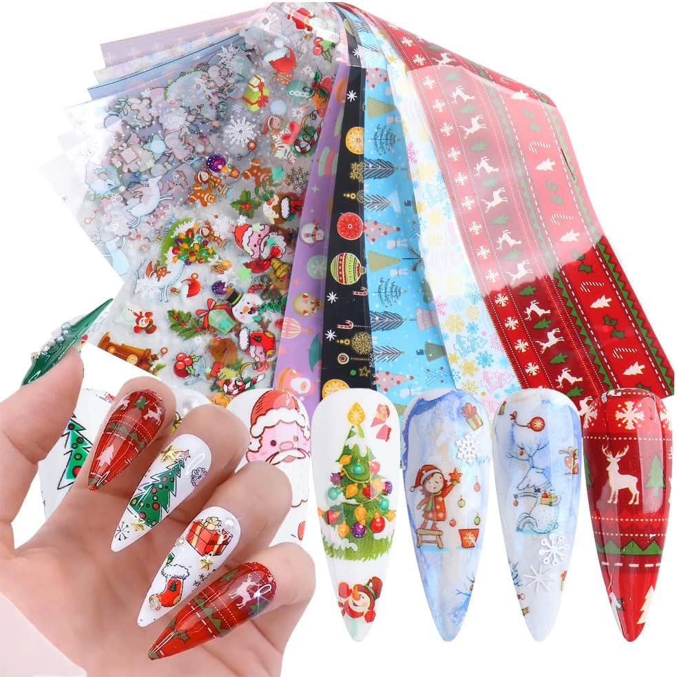 Christmas Nail Stickers Decals Nail Foil Transfer Sticker 10 Sheets Xmas Holiday Decorations Christmas Santa Snowflake Deer Christmas Tree Stickers for Manicure Supplies