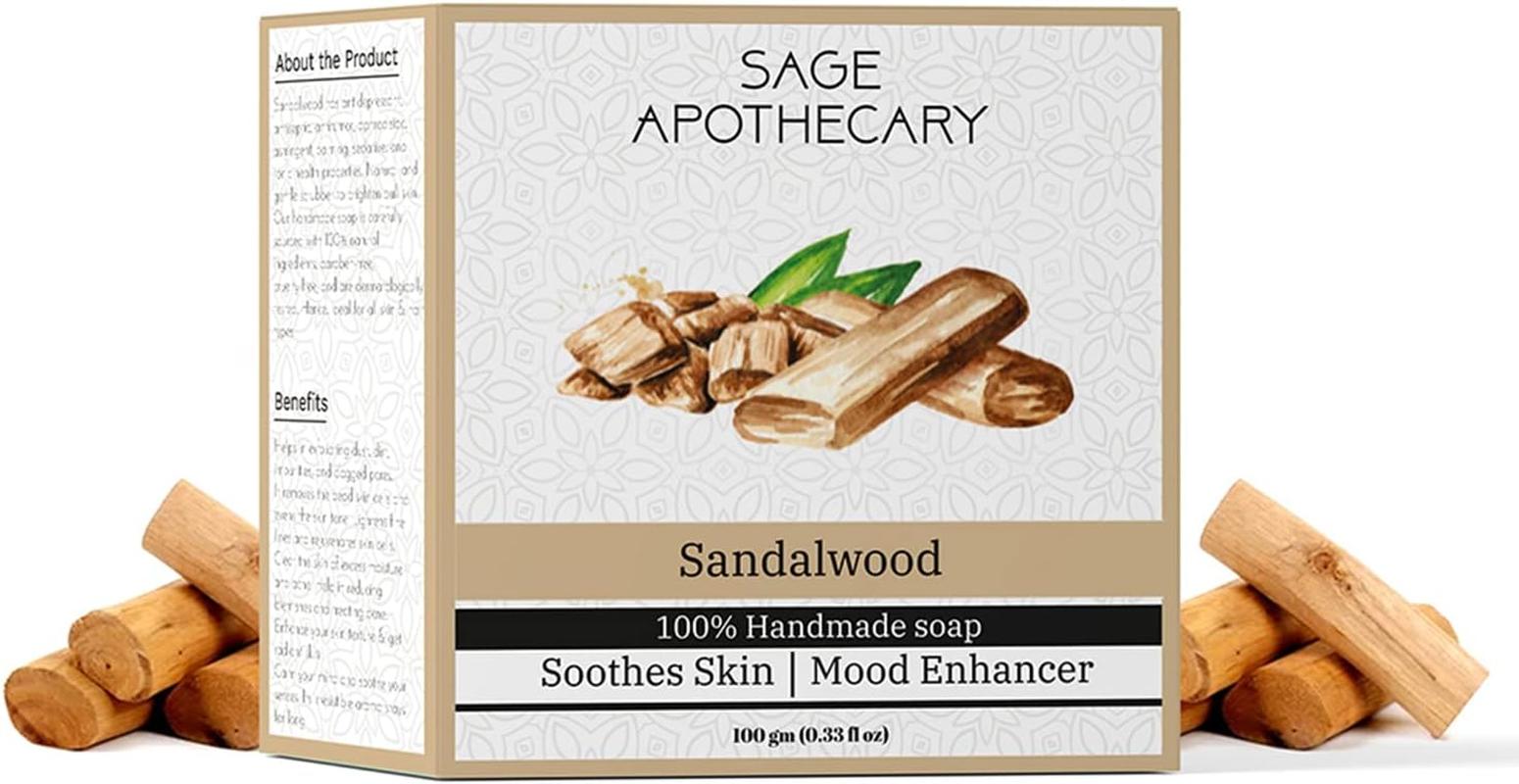 Sage Apothecary Natural Handcrafted Sandalwood Bath Soap for Refreshing Fragrance for Skin Brightening Soap | Deep Cleansing | Moisture Dry Skin | Glowing Skin Soap- (100 GM) image number 3