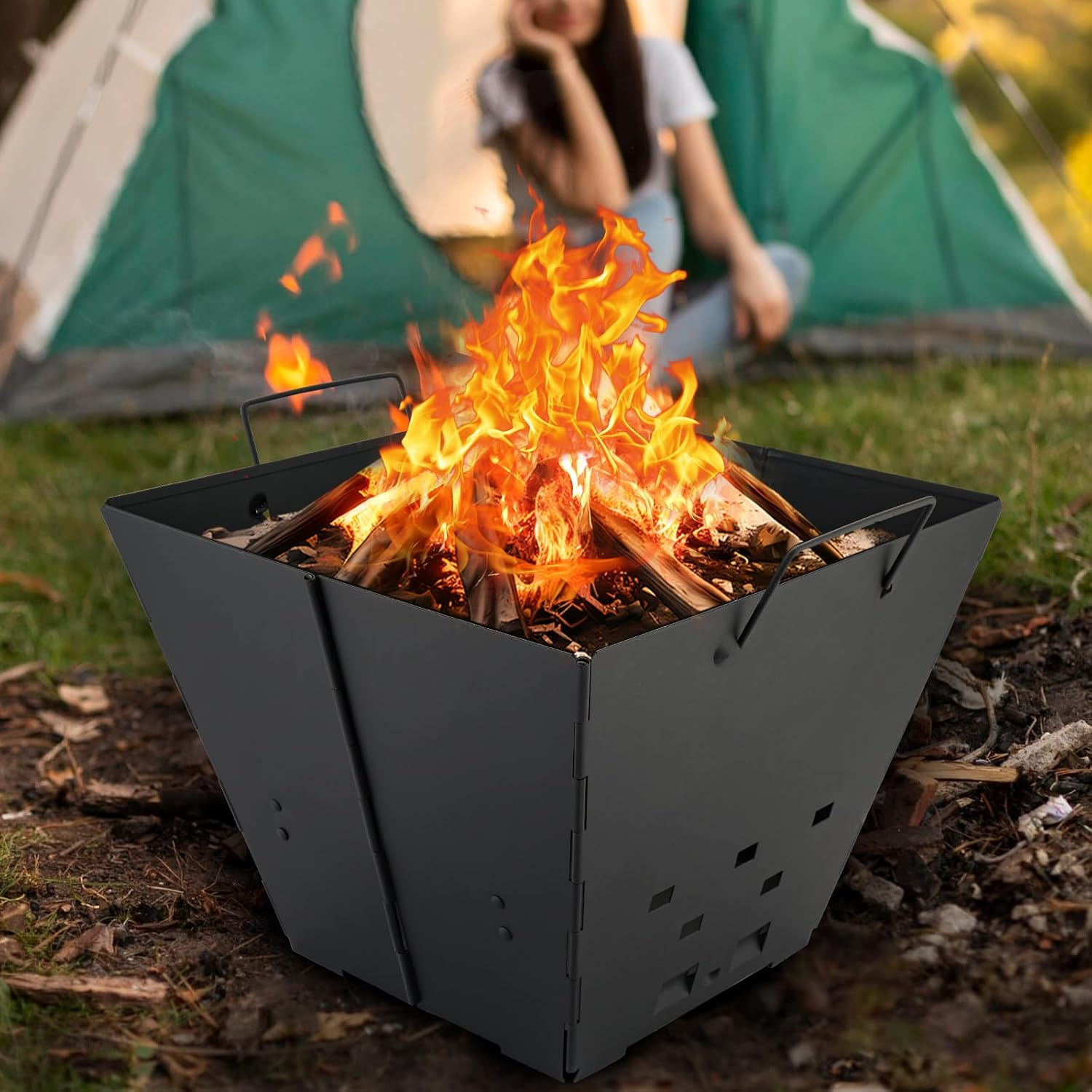 Portable Camping Fire Pit with Top Grill, 2 in 1 Small Folding Wood Burning Camping Campfire Grill with Carry Bag for Outdoor Cooking, Bonfire, Patio, Backyard