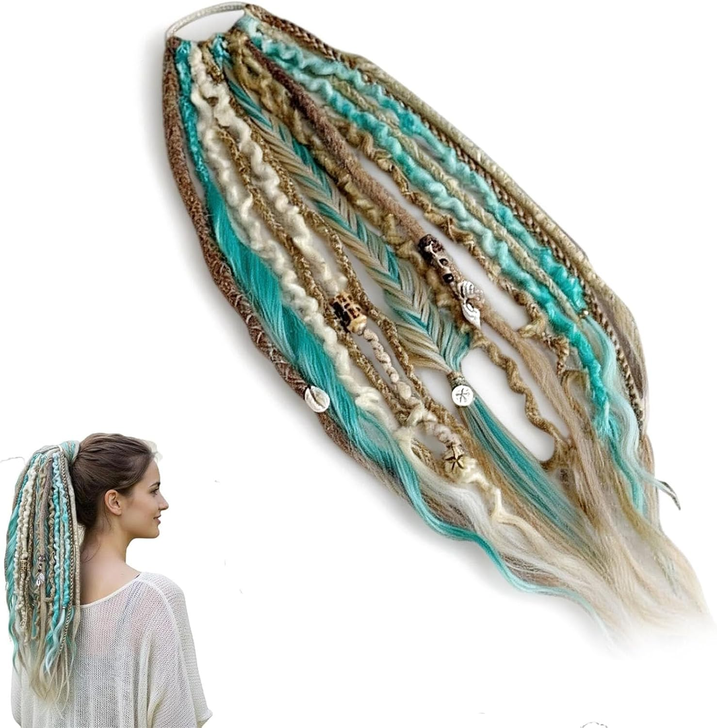 Elastic Dread Ponytail Salty, Boho Dreadlock Hair Extension with Beads, Shell and Charm Details, Easy 1-Minute Clip-In Ponytail Attachment for Festival, Travel & Casual (C)