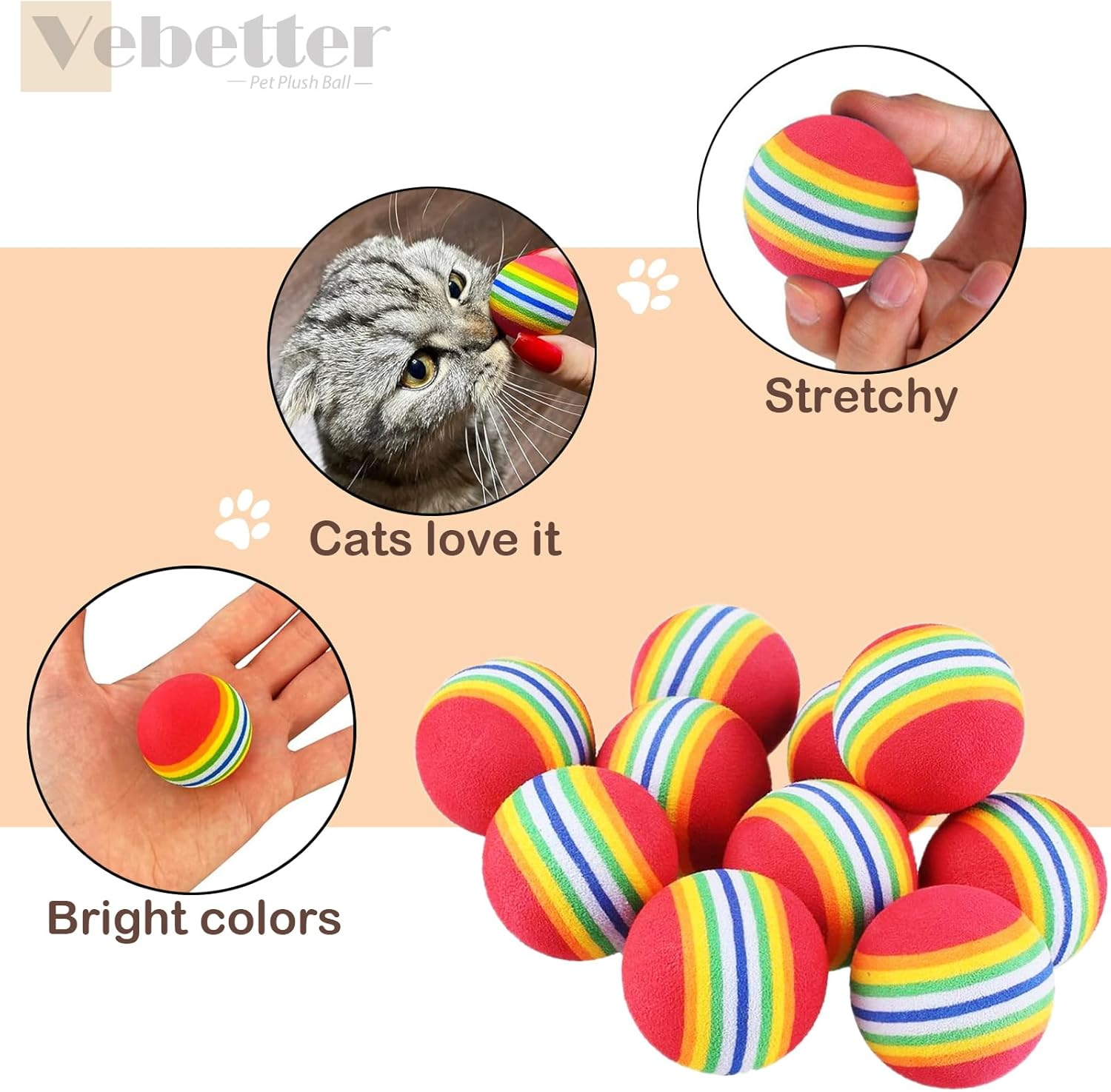 Vebetter Rainbow Cat Ball, 9 Pz 4.2 Cm Soft Cat Ball, Interactive Kitten Toy, Rainbow Cat Balls, Colourful Foam Balls for Pets, Playing Chew Exercise Toy, Cat Toy Ball image number 6