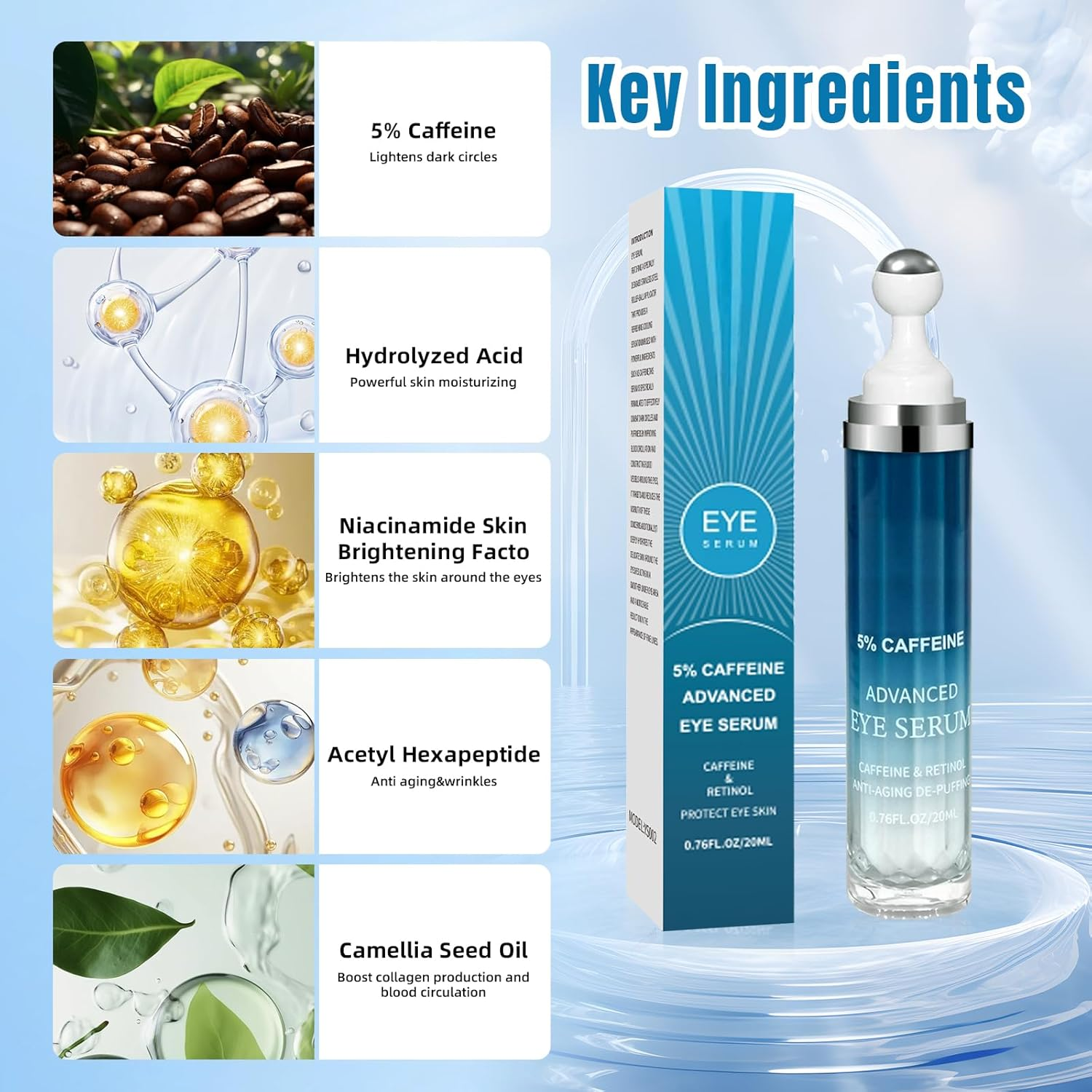 Caffeine Repair Eye Cream Tube 20Ml, Reduces Puffiness and Dark Circles, 5% Caffeine Eye Serum Brightening Eye Treatment for Dark Circles, under Eue Bags and Puffiness(360&deg; Massage Roller)