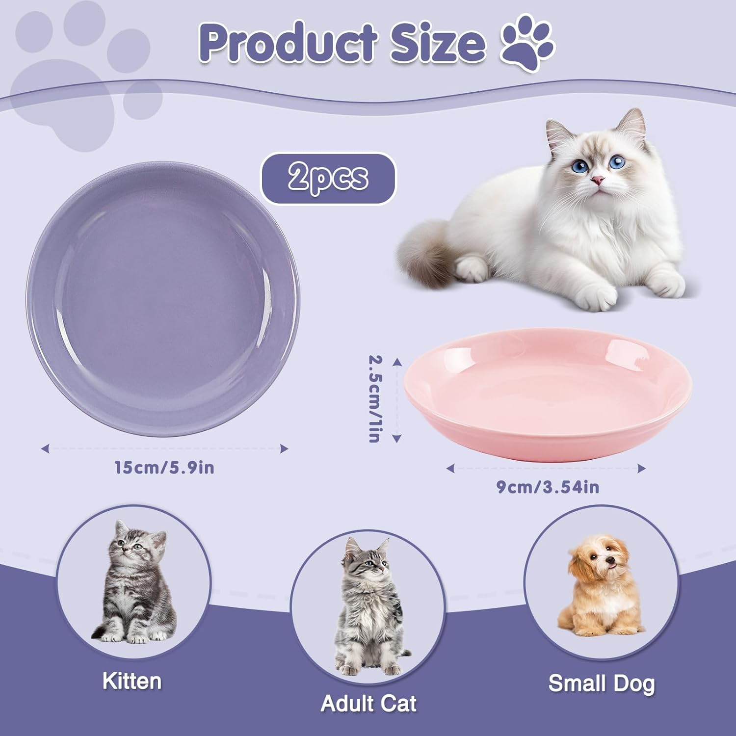 Cat Bowl Ceramic Set, 2 Pieces Flat Feeding Bowl for Cats and Kittens, Anti-Whisker Fatigue Cat Bowl to Protect Whiskers, Hygienic Cat Plate for Food and Water (15 X 3 Cm)