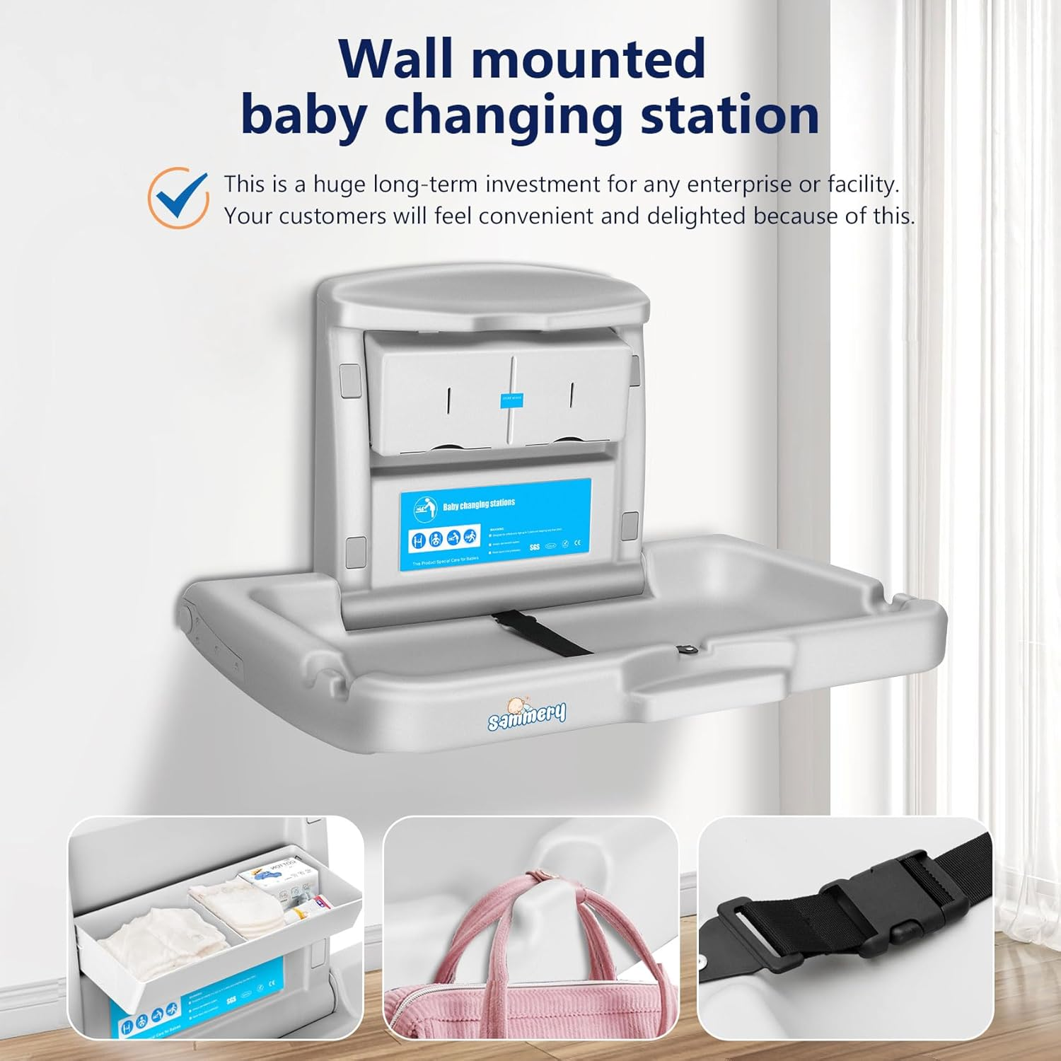Commercial Baby Changing Station,Wall Mounted Baby Changing Station with Safety Strap,Wall Mounted Changing Table for Commercial Bathroom, Baby Changing Station That Makes Every Mother Happy image number 1