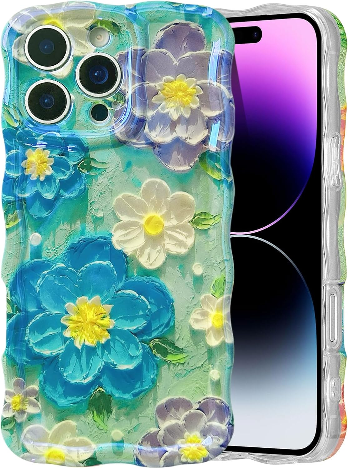 EYZUTAK Case for Iphone 15 Pro, Colorful Retro Oil Painting Printed Flower Laser Glossy Pattern Cute Curly Waves Border Exquisite Phone Cover Stylish Durable TPU Protective Case for Girls Women -Beige