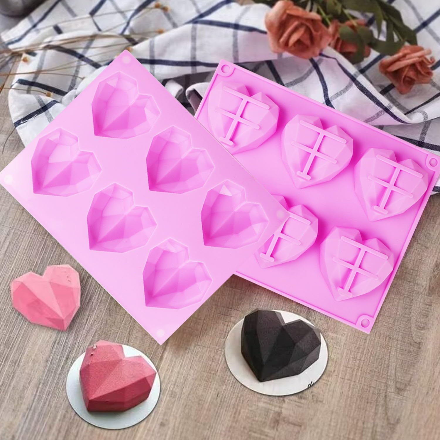 2 Pcs 3D Diamond Heart Silicone Mold, 6 Cavity Silicone Chocolate Moulds, Non Stick Chocolate Mould Baking Dessert Molds for Chocolate, Pudding, Jelly, Ice Cubes, Soap image number 3