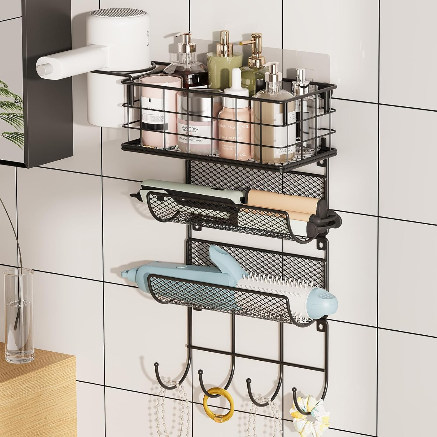 Wall-Mounted Hair Dryer Holder Styling Tool Organizer 4-Shelf Storage Wire Basket with Hook Heat Safe Rack for Hair-Straighteners,Curling Wands,Flat Iron,Perfume,Cabinet Door Bathroom Kitchen