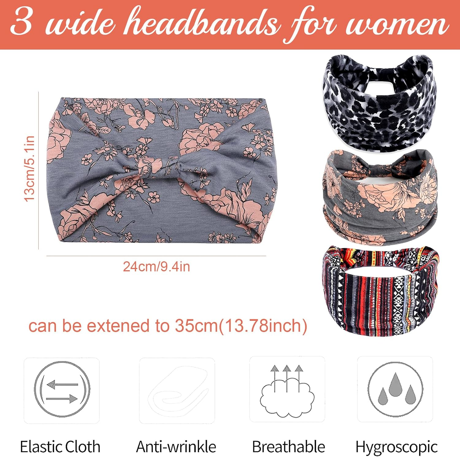 Soundzero Pack of 3 Women'S Hair Bands, Extra Wide Hair Bands, Yoga Sports Hair Accessories, Women'S Hair Bands, Wide Headband, Elastic Headband, Boho Printed Headbands (3 Colours) image number 3