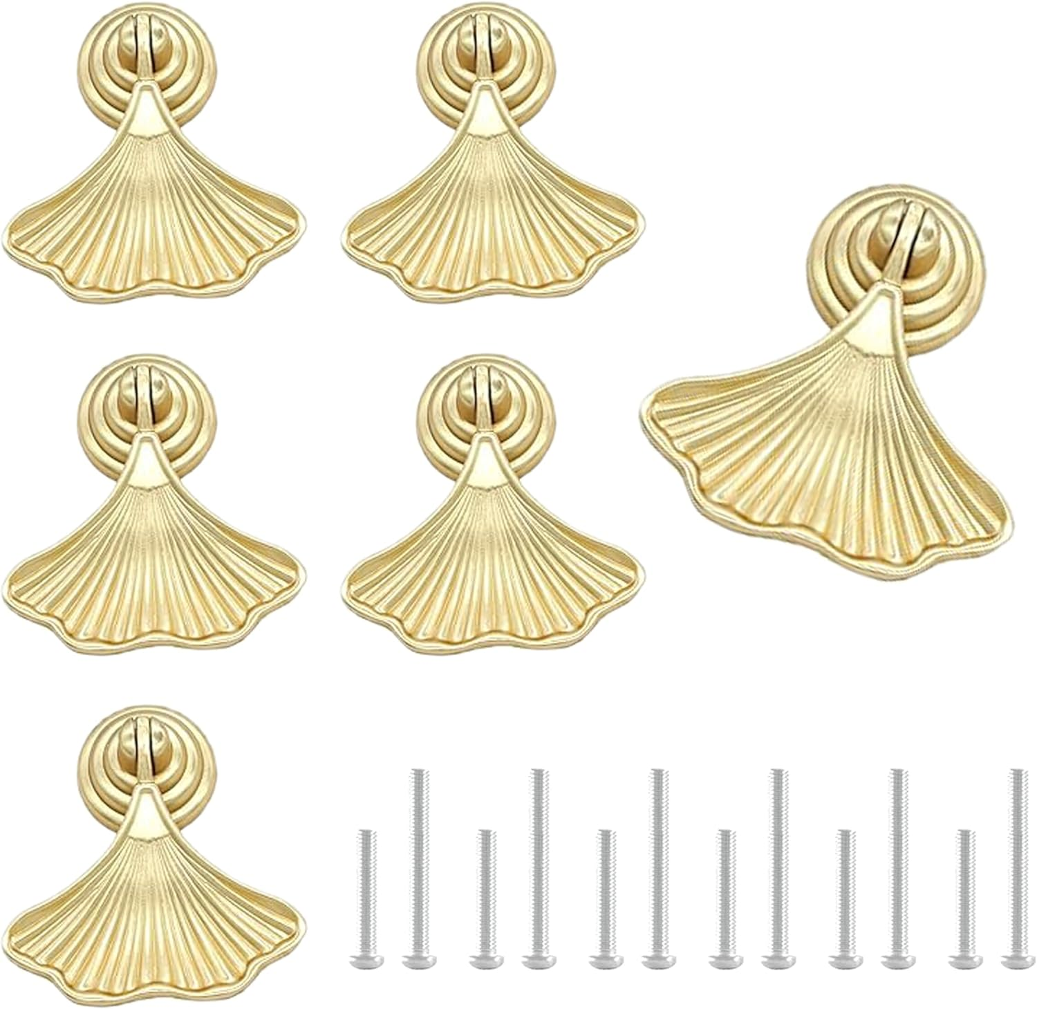 6 PCS Golden Ginkgo Leaf Shape Knob Handles, Drop Pendant Pull Handle with Screws, Hardware Drawer Single Hole Carved Pattern Handle for Wardrobe Cupboard Closets Cupboard
