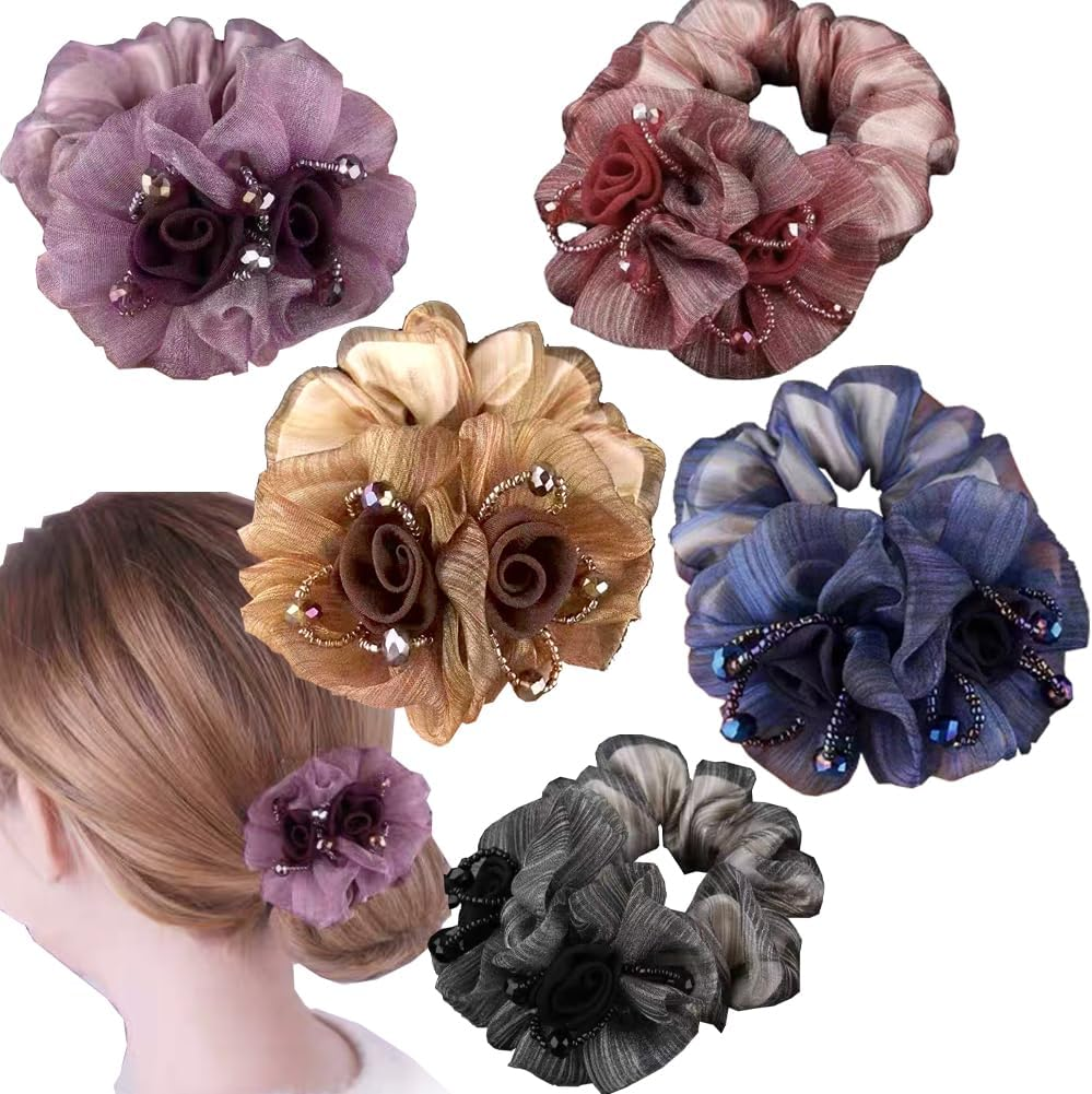 5 Pack Rose Flower Lace Hair Scrunchies for Women Girls Elastic Hair Bows Fashionable Ponytail Holders Hair Tie Ropes Hair Accessories (Colorful) image number 2