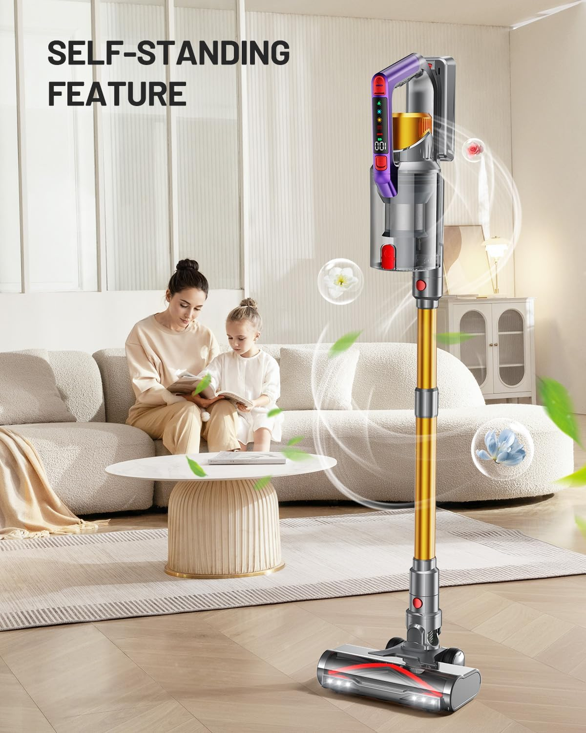 Cordless Vacuum Cleaner, 550W/45Kpa, Max 70 Mins Runtime, Self-Standing Vacuum Cleaners, Anti-Tangle Stick Vacuum with Aromatherapy, Smart Display Vacuum with 1.6L Cup for Pet Hair/Carpet/Hard Floor image number 2