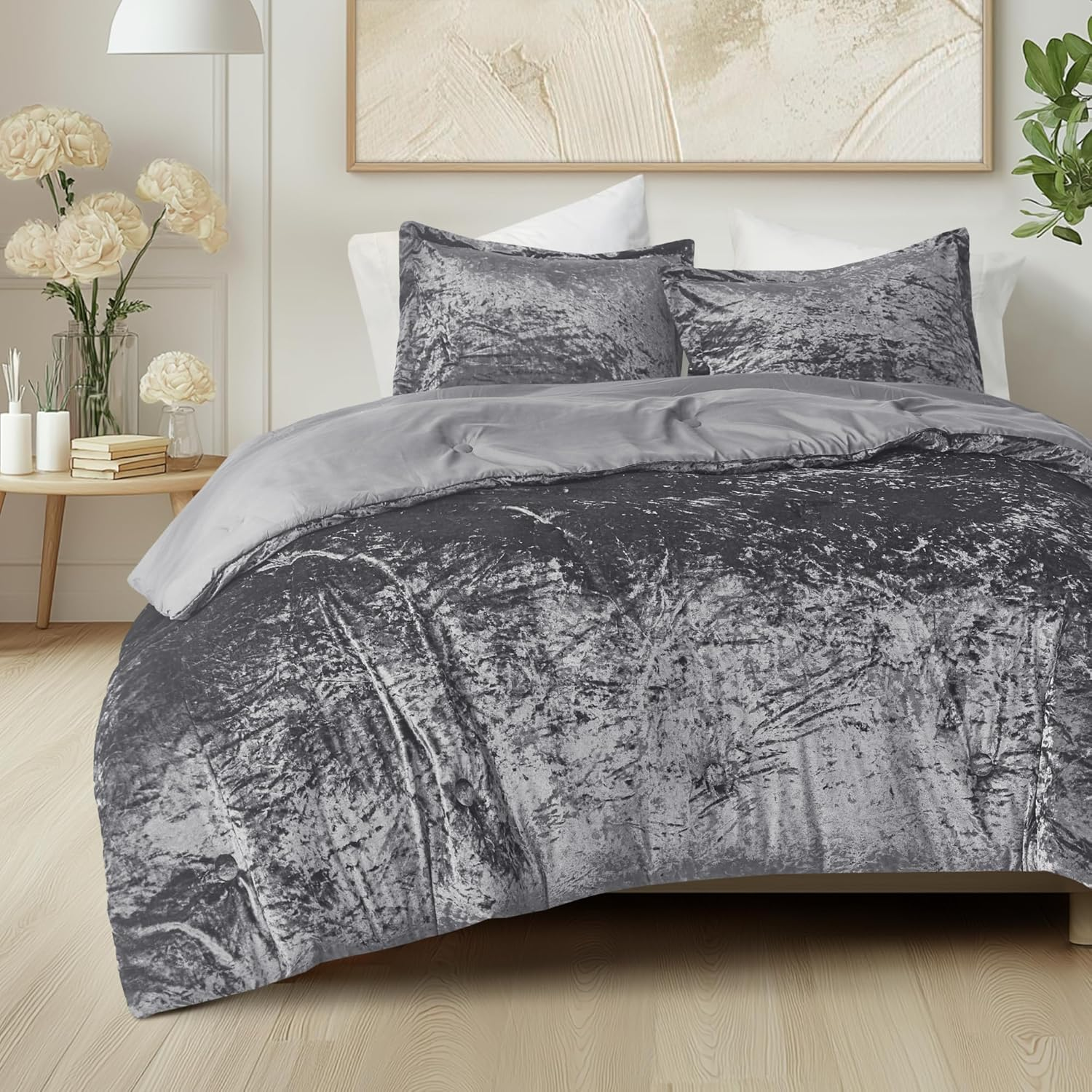 Comfort Spaces Juliette Luxe Comforter Set Velvet Lush with Natural Sheen, Soft Reverse Microfiber Modern All Season Cover, Cozy Bedding, Matching Sham, Grey Twin/Twin Xl(66"X90") 2 Piece