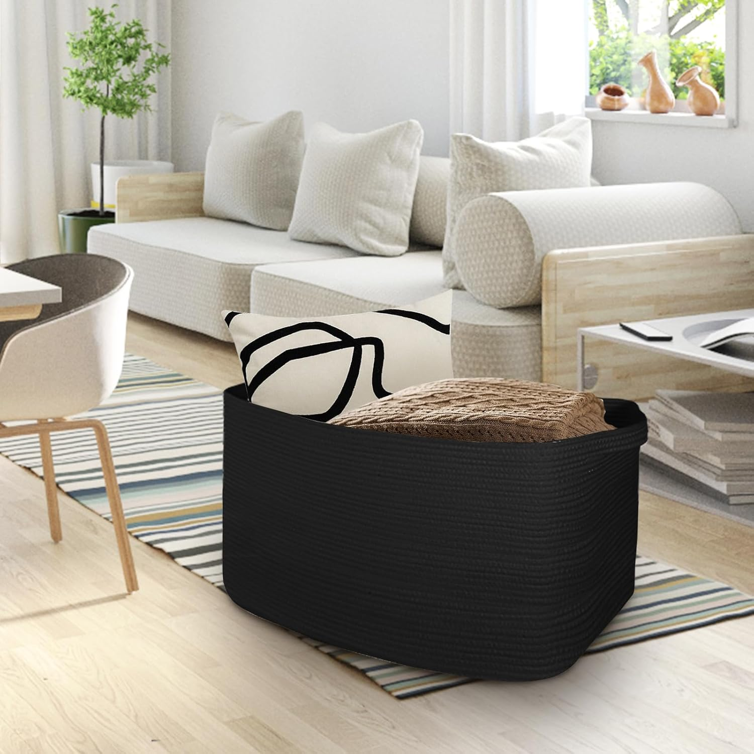 HONCESTA Extra Large Black Basket, 22" X 17" X 12" Rectangle Woven Storage Container, Soft Cotton Rope Kids Room Toy Box Bins, Big Wicker Organizer for Blankets, Pillows, Laundry - Black image number 5