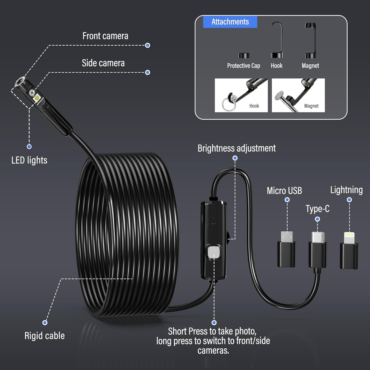 Bluefire USB Endoscope Camera, 3MP HD Dual Lens Industrial Borescope, IP67 Waterproof USB Inspection Camera with 9 Adjustable LED Lights for Smartphones/Tablets(3.5M) image number 6