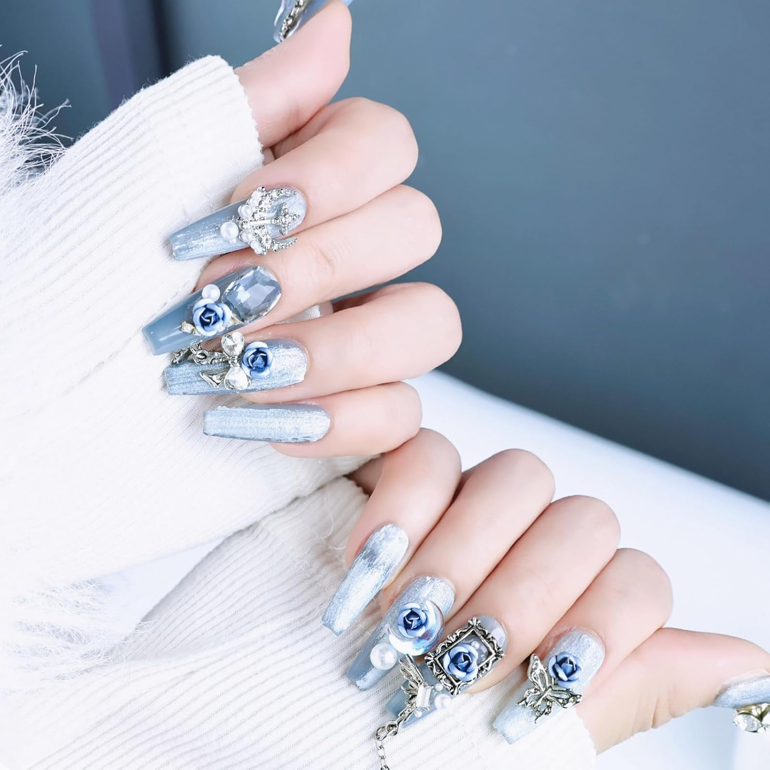 Press on Nails Handmade Long Coffin Fake Nail with Charms False Fingernail Rose Bow Pearl Acrylic Artificial Finger Luxury Glue on Manicure for Women Blue 10 Pcs (M)