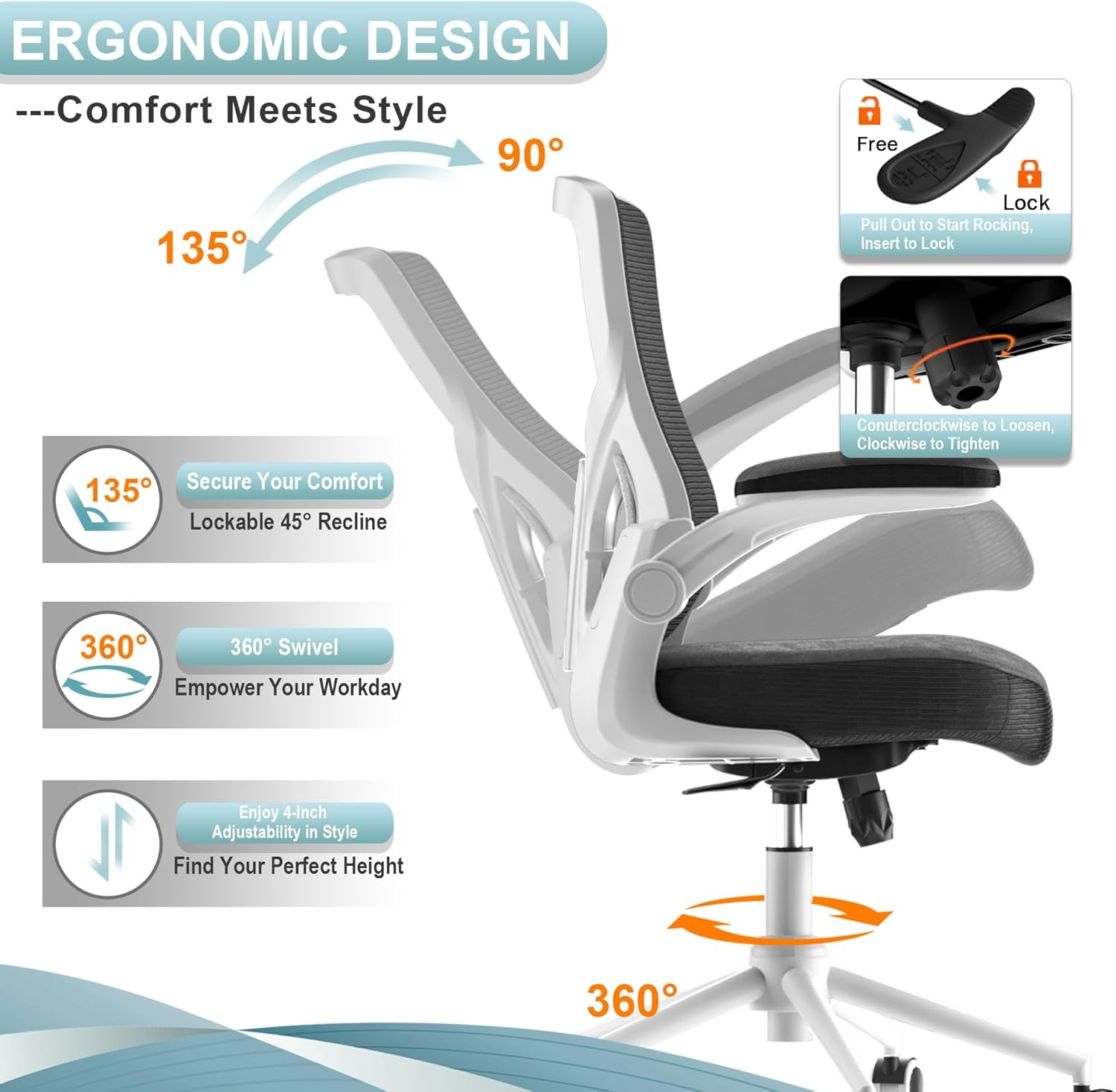 CYKOV Ergonomic Office Chair - Adjustable High Back Desk Chair with Lumbar Support, Flip-Up Armrests & Swivel Base for Home Office, Computer Desk, and Executive Workspaces (Modern, Black-White Frame)