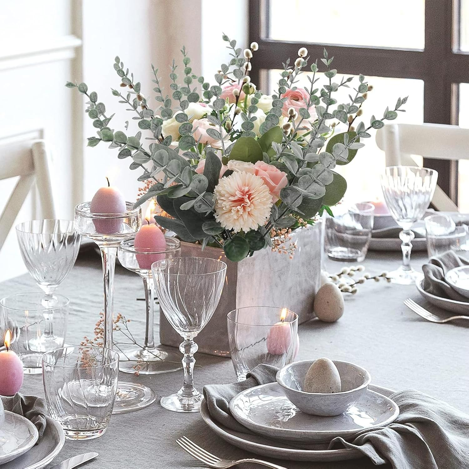 25Pcs Artificial Eucalyptus Stems Fake Leaves Greenery Stems, Realistic Fake Flowers for Home Office Decor, Wedding Bouquet, Centerpiece, Christmas, Fall, and Seasonal Decorations（Dark Green ） image number 5