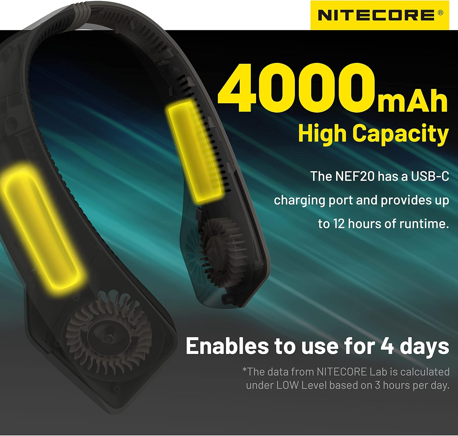 Nitecore NEF20 Portable Bladeless Neck Fan, Wearable Hands Free, 360&deg; Airflow, Brushless Motor 4000Mah Battery image number 3