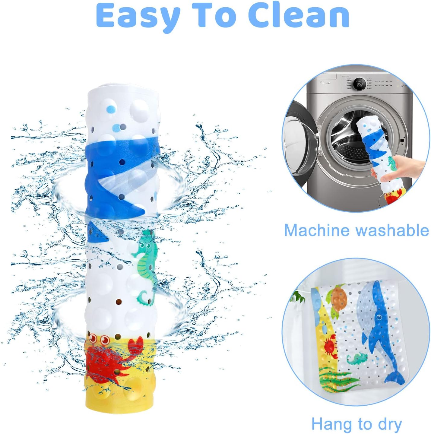 Shower Mat Bathtub Mat Non Slip, Extra Long Bath Mat for Tub with Drain Holes and Suction Cups, Machine Washable Wet Floor Non-Slip Elderly Kids Pregnant Women Bathroom 39 X 15 Inches (Blue Whale)