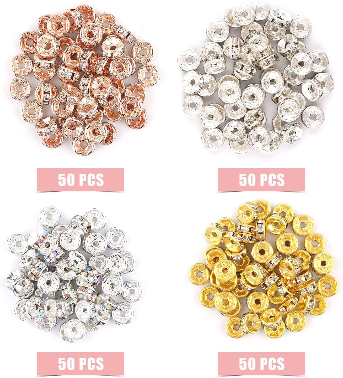Savita 200Pcs 6Mm Rondelle Beads Precious Stones Crystal Loose round Spacer Beads for Bracelet Necklace Jewelry Making Decorations (Silver, Gold, Rose Gold, Laser Colorful) image number 3