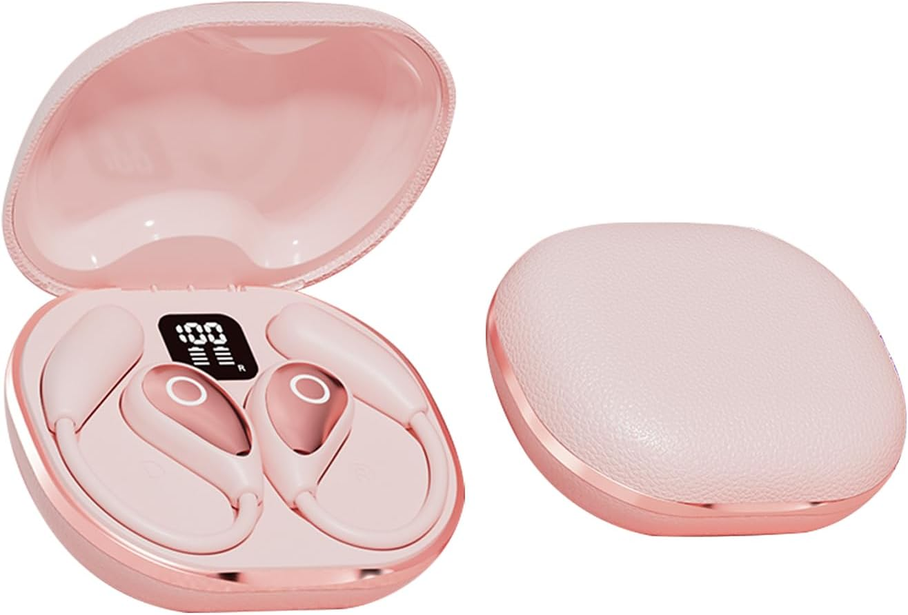 Open Ear Earbuds Wireless Bluetooth 5.4 Headphones with Microphone, Earphone with Earhooks, ENC Noise-Cancellation, 60H Playtime, Long-Lasting Comfort, Crystal-Clear Calls for Driving/Gym (Pink)