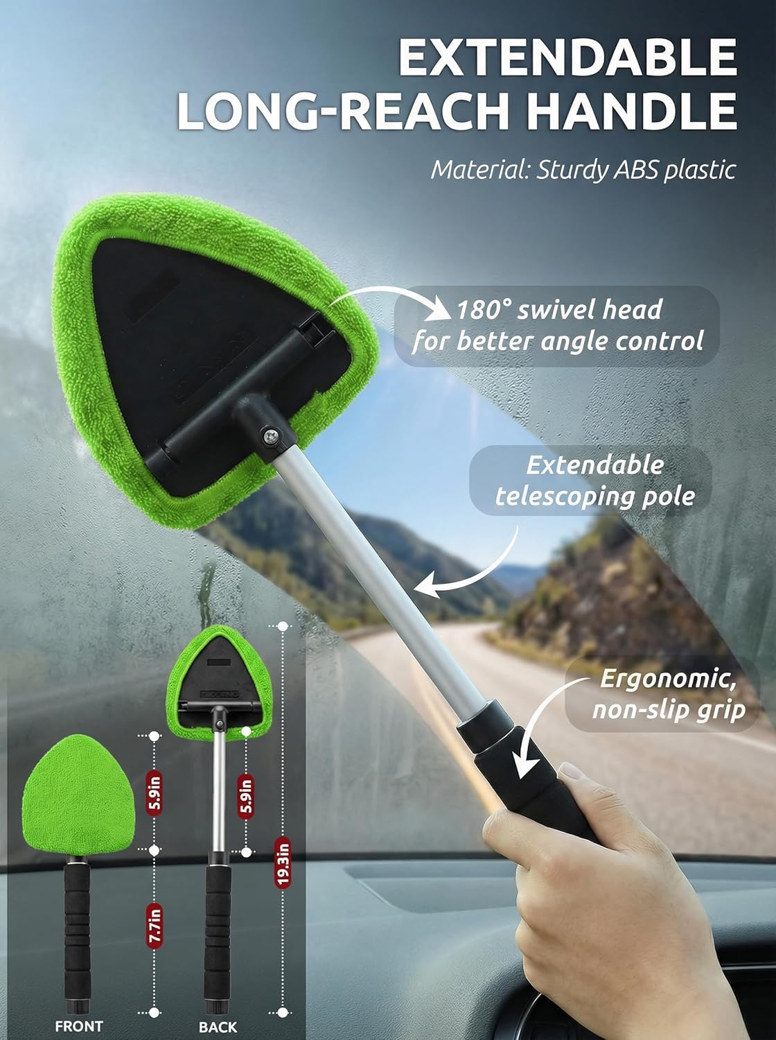 TAKAVU Car Window Cleaning Tool, Windshield Wiper Cleaner with Extendable Long-Reach Handle, 3 Washable Reusable Microfiber Bonnets, Car & Home inside Interior Exterior Use - Lint Free (Green) - Black  Green image number 3