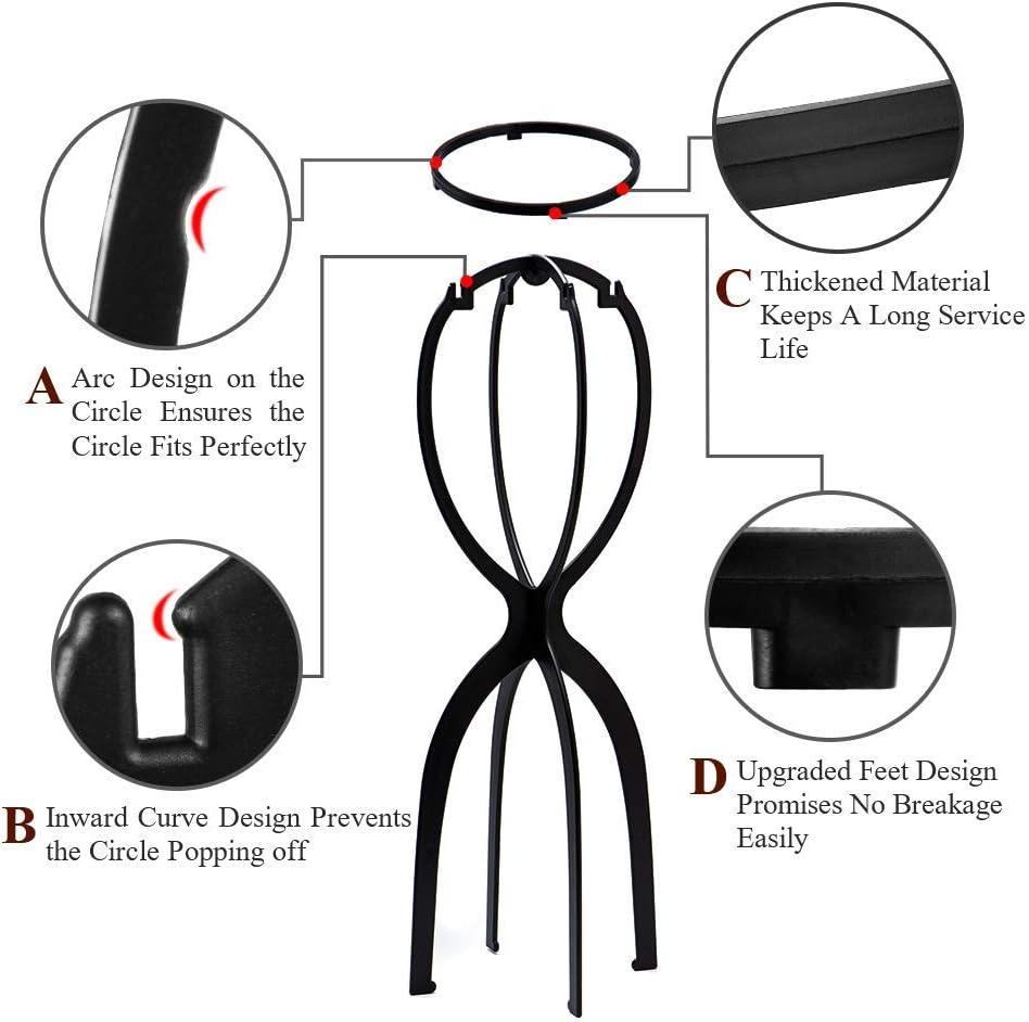 Dreamlover 3 Pack Tall Wig Stands for All Wigs, 19.7 Inches Portable Collapsible Wig Dryer, Durable Wig Display Tool, Travel Wig Stands (Black) image number 4