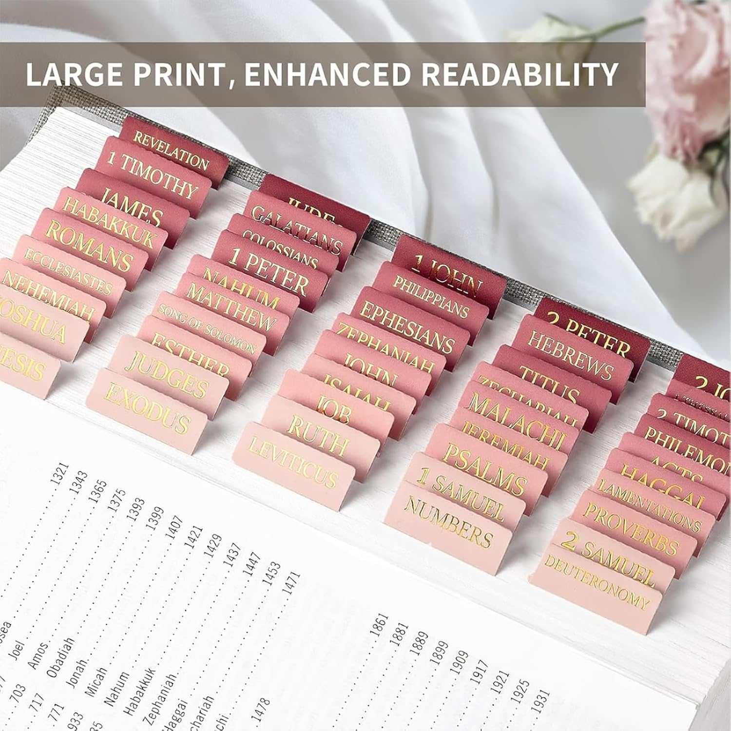 Bible Tabs, Pink Ombre with Gold Lettering, Self-Adhesive Book Dividers for Bible Navigation image number 4