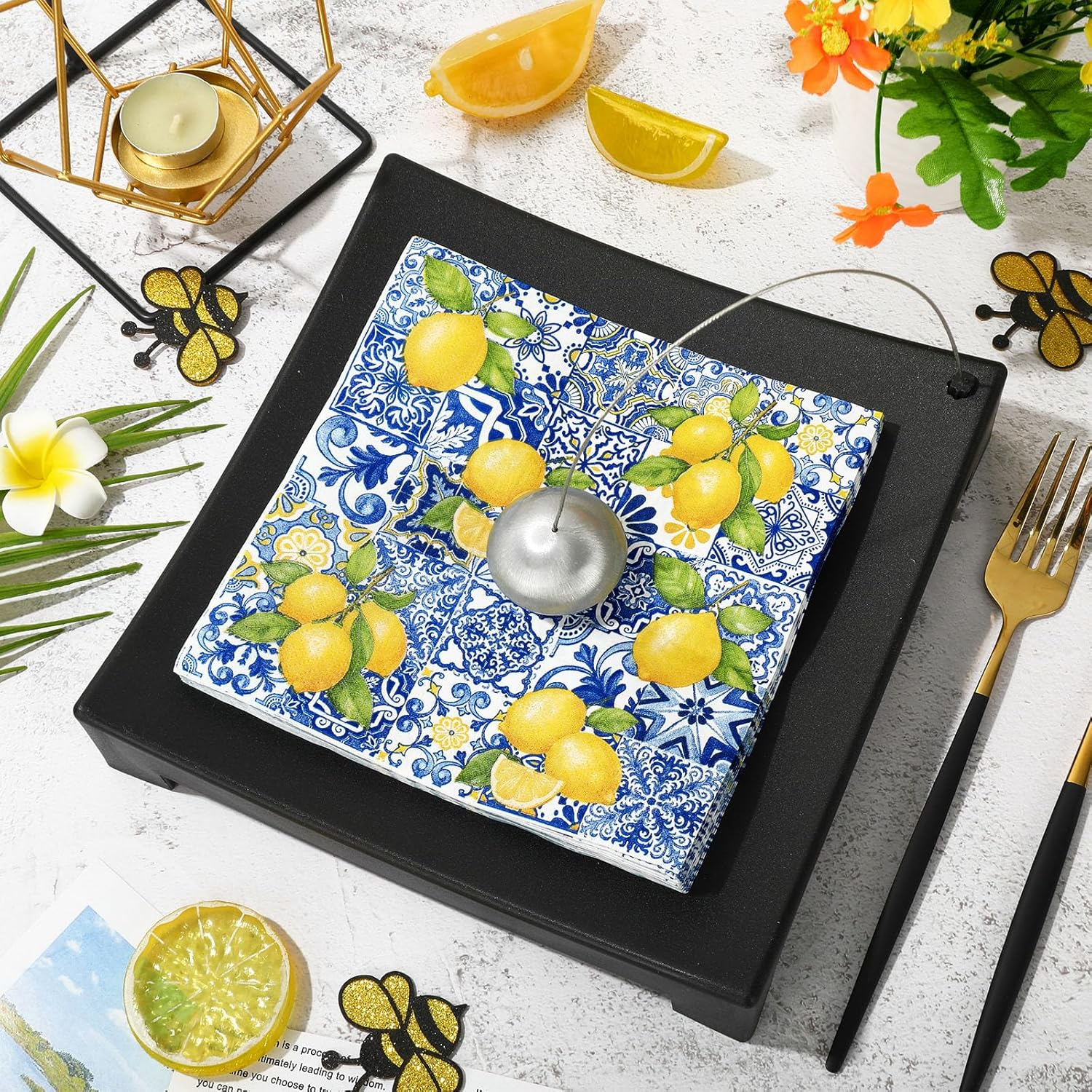 80Pcs Tiles Lemons Paper Napkins Blue Yellow Disposable Napkins Decorative Dinner Napkins Luncheon Napkins for Party Supplies Table Decor image number 3