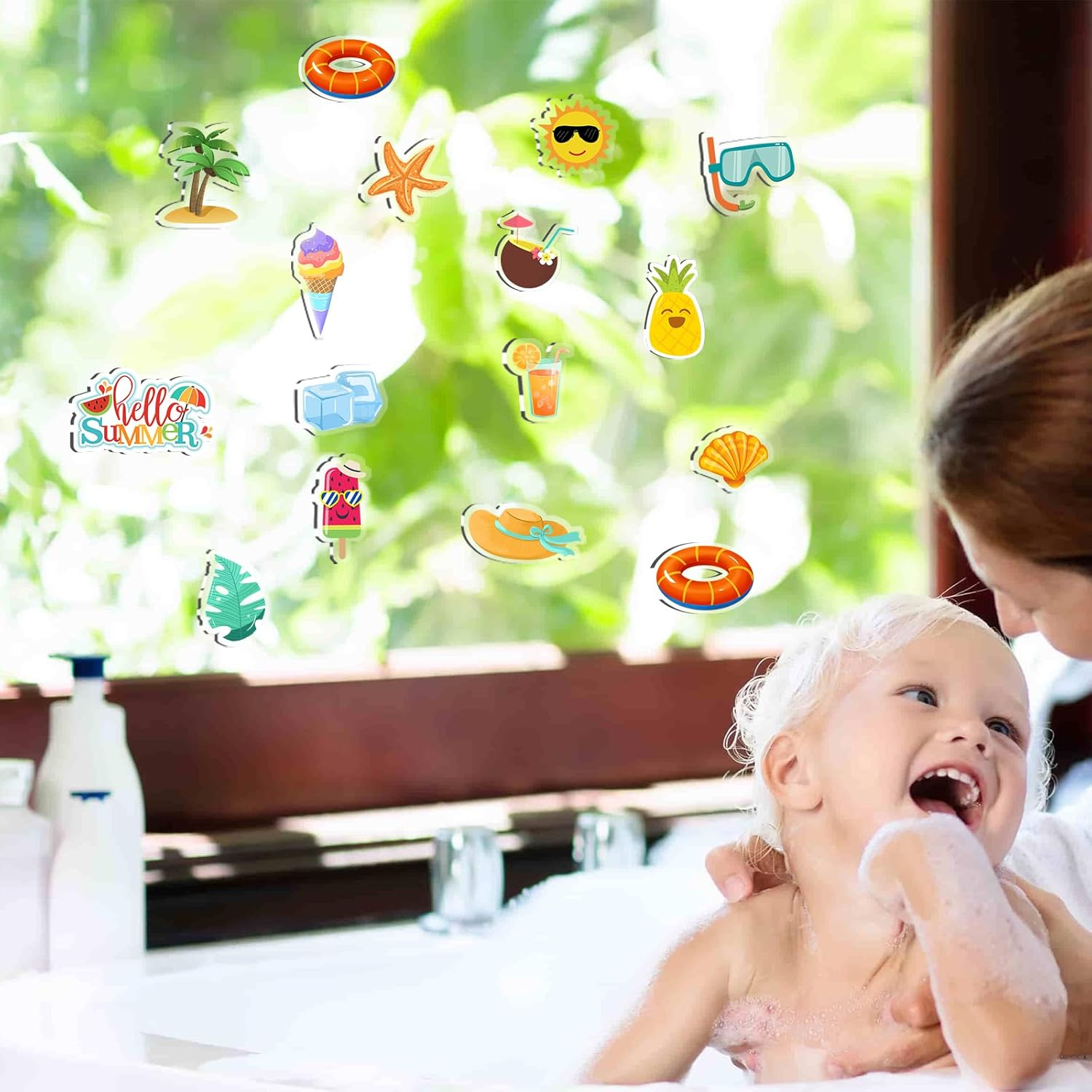 20 PCS Hello Summer Thick Window Gel Clings, Hianjoo Beach Hawaiian Tropic Gel Decals for Kids, Removable Reusable Ice Cream Glass Window Gel Stickers for Summer Home Classroom Nursery Supplies image number 4