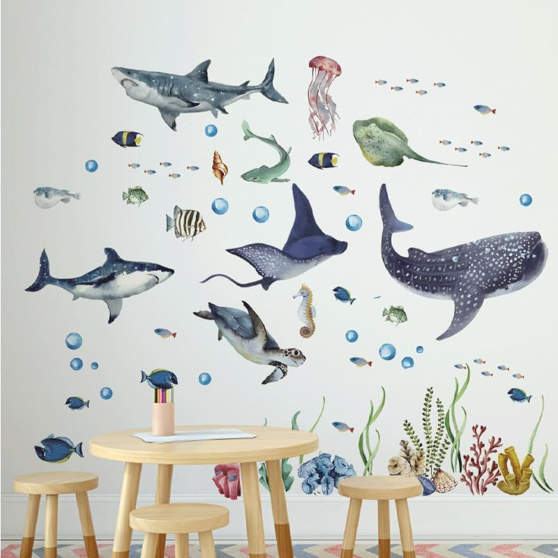 Large Watercolor Sharks Wall Decals Ocean Animal Peel and Stick Wall Sticker under the Sea Marine Life Theme Decals Room Home Decor Party Supply (30 * 90Cm, 4Pcs) image number 2