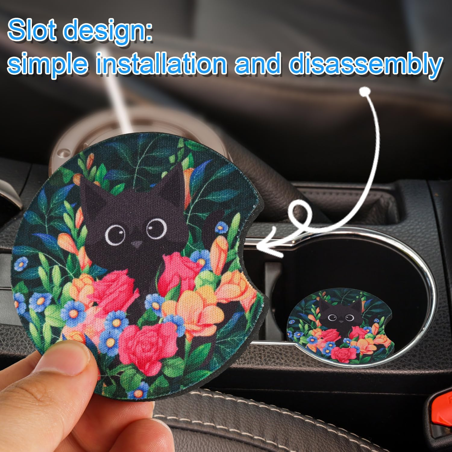 4Pcs Car Coasters for Cup Holders, Cup Mats for Car Cupholder Insert Coasters with Finger Notches Rubber Anti-Skid Universal Vehicle Coasters Car Accessories for Car Automotive Cupholders Decor（Cat）