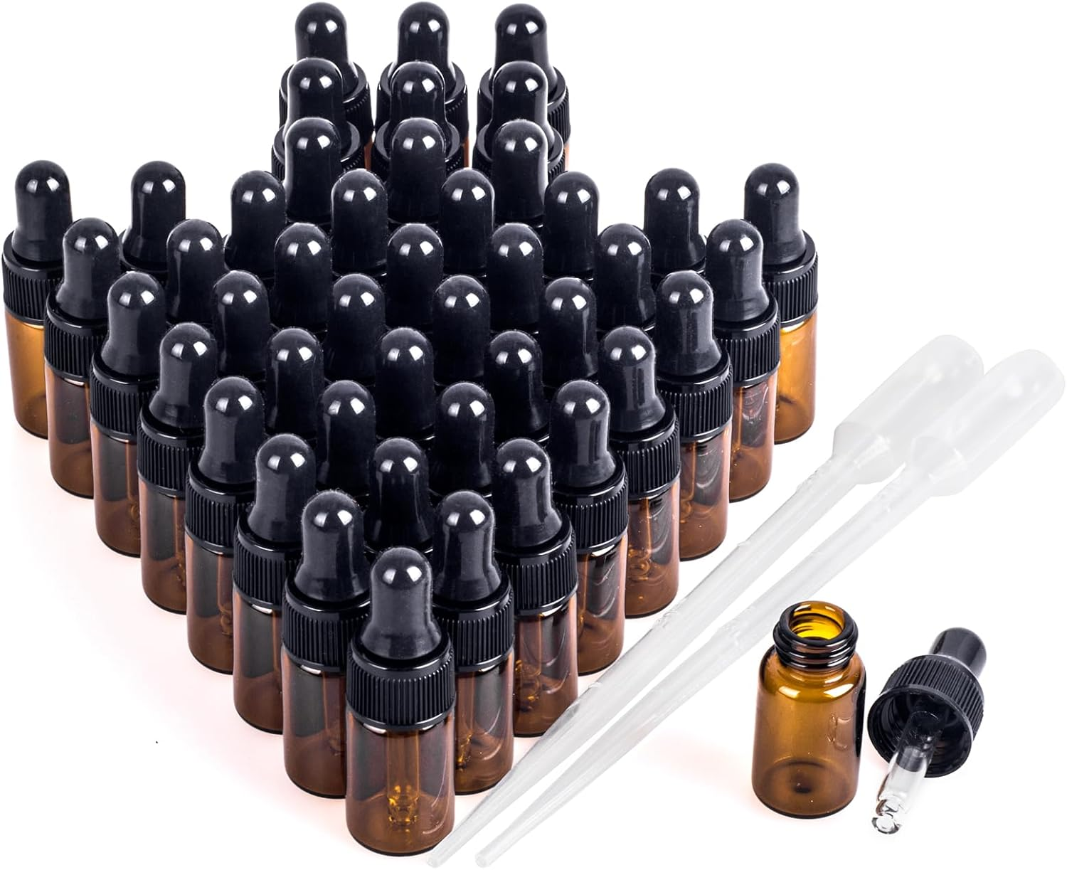 Easeen Sample Dropper Bottles, Mini Dropper Bottles with 2 Pcs Plastic Droppers for Traveling Essential Oils DIY Cosmetic Liquid Sample Perfume, Silver, 5ML-50PCS