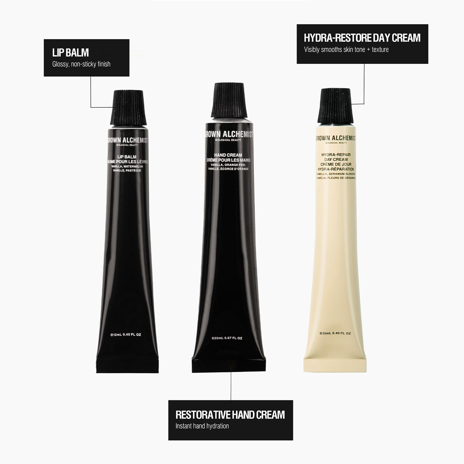 Grown Alchemist On-The-Go Essentials Kit. Restorative Hand Cream (20Ml), Hydra Restore Day Cream (12Ml), Hydra Retore Lip Balm (12Ml) image number 1