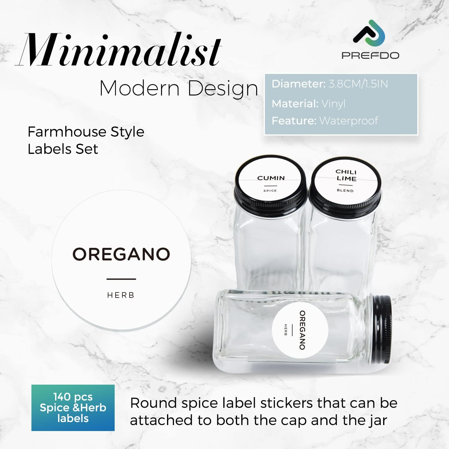 140 Spice Jar Labels Preprinted, Prefdo Minimalist Black Text on White round Seasoning Stickers with Names for Herb and Spice Rack Organization(Waterproof) image number 2