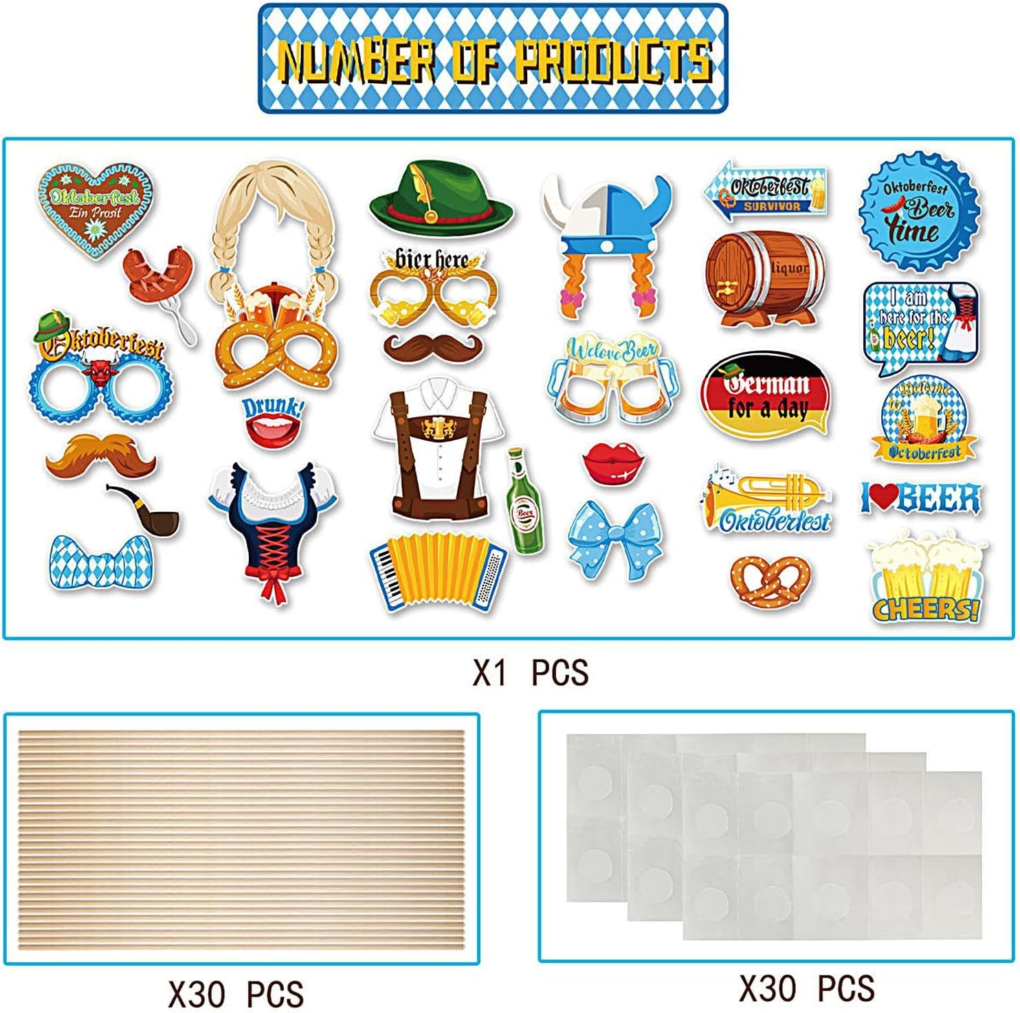 Oktoberfest Props, Photo Booth Kit, 30 Pieces German Party Decor Reusable Accessories, Selfie Station Set for Holiday Events Halloween Birthday Club Women Men Fans, Multicoloured image number 5