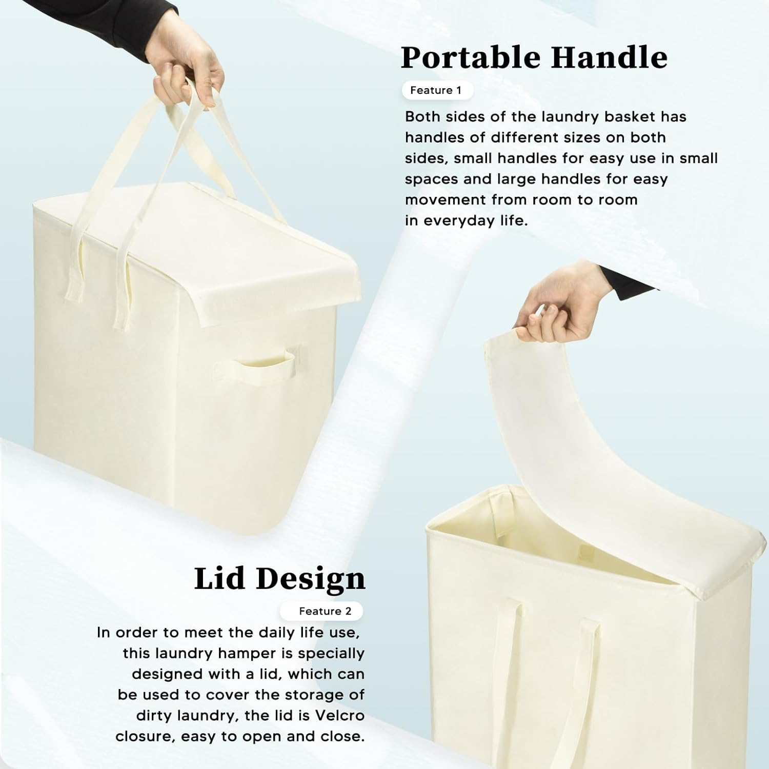 Rieeyrslza Slim Laundry Hamper with Lid 55L Thin Dirty Clothes Basket with Long Handle, Narrow Laundry Bag, Foldable Dirty Hamper, Narrow Dirty Clothes Hamper for Closet and Bathroom, Beige image number 3