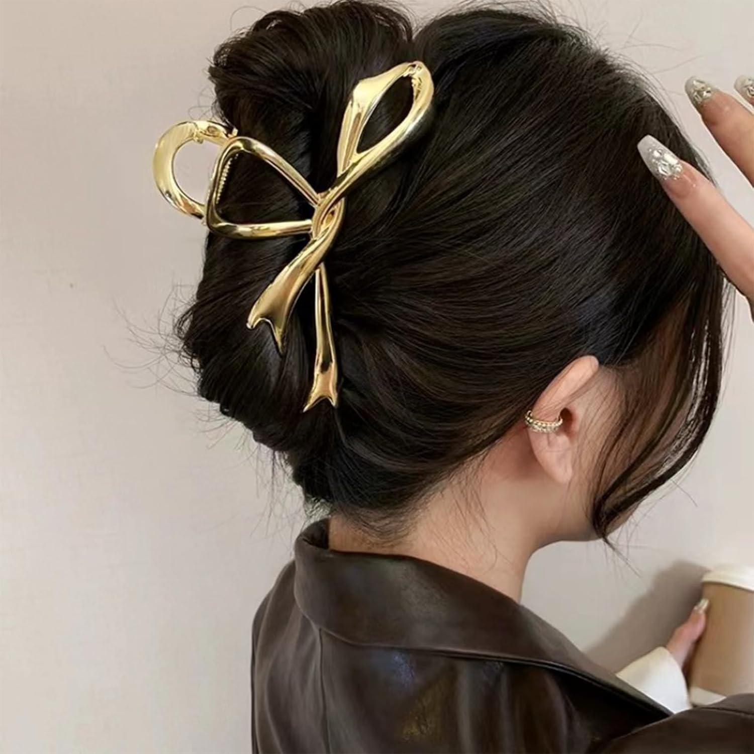 Ribbon Bow Hair Claw Clip Large Metal Hair Clips 4.5 Inch Metal Hair Claw for Women Girls Non-Slip Strong Grab Clips Shark Barrette Hair Clamps Hair Accessories for Thick Hair(Gold) image number 3