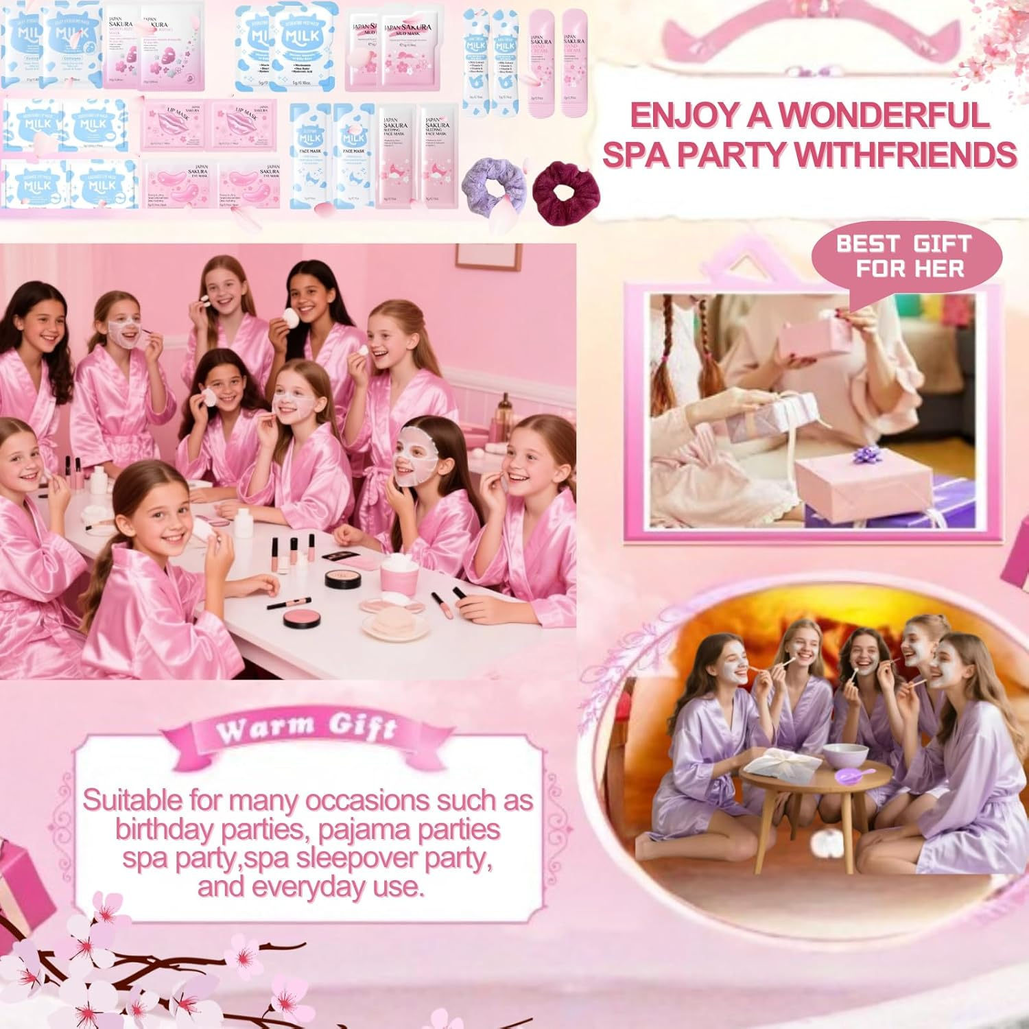 26PCS Sleepover Spa Party Supplies Set,Sakura & Milk Skin Care Set for Teenager Girl Gift,Pamper Gifts for Women with Hand Cream,Face Masks, Lip & Eye Masks,Travel-Friendly Birthday Gifts for Women image number 4