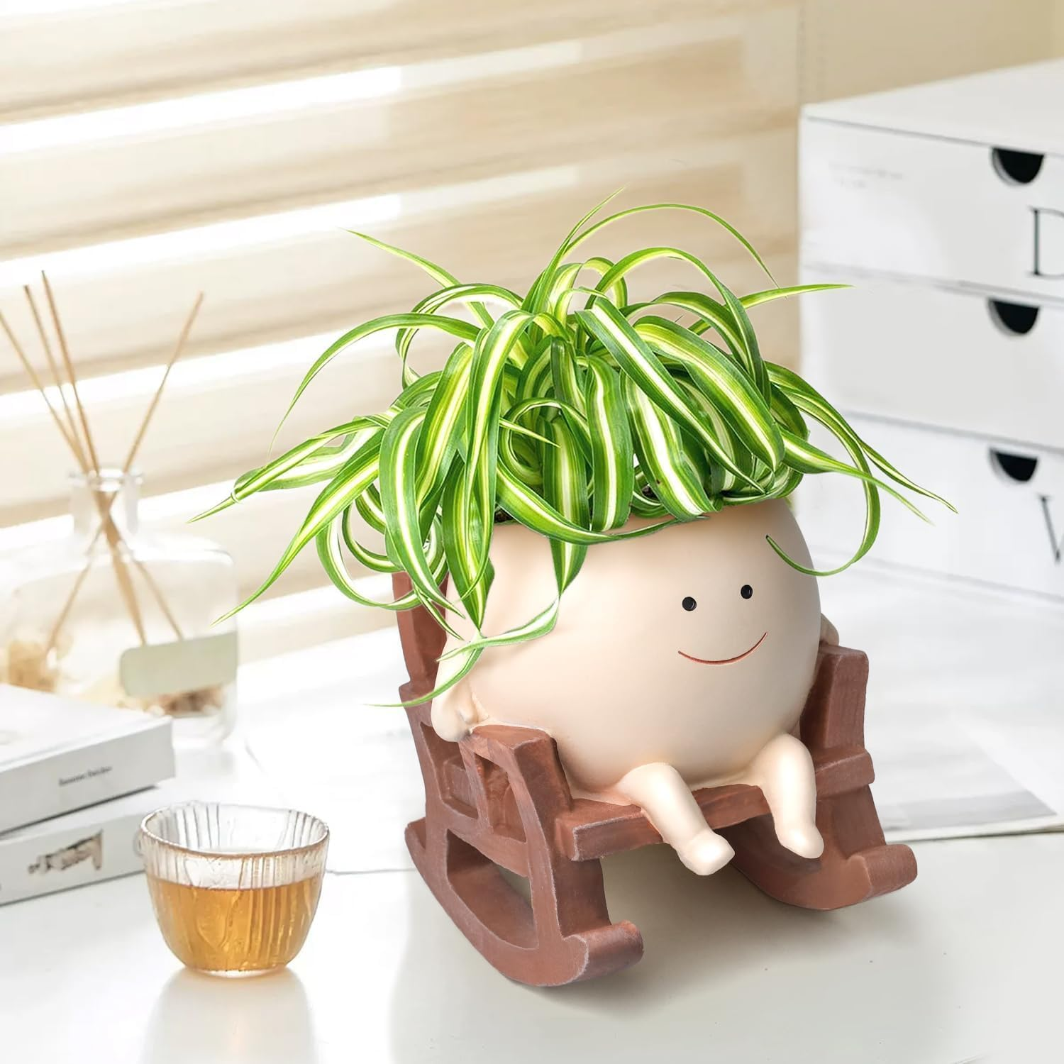 Ladiz Smily Face Planter Pot, Cute Resin Head Flower Pots for Indoor Outdoor Plants Unique Sit Rocking Chair Succulent Pots, Gift Ideai for Mother'S Day, Birthday, Christmas with Drainage Hole image number 1