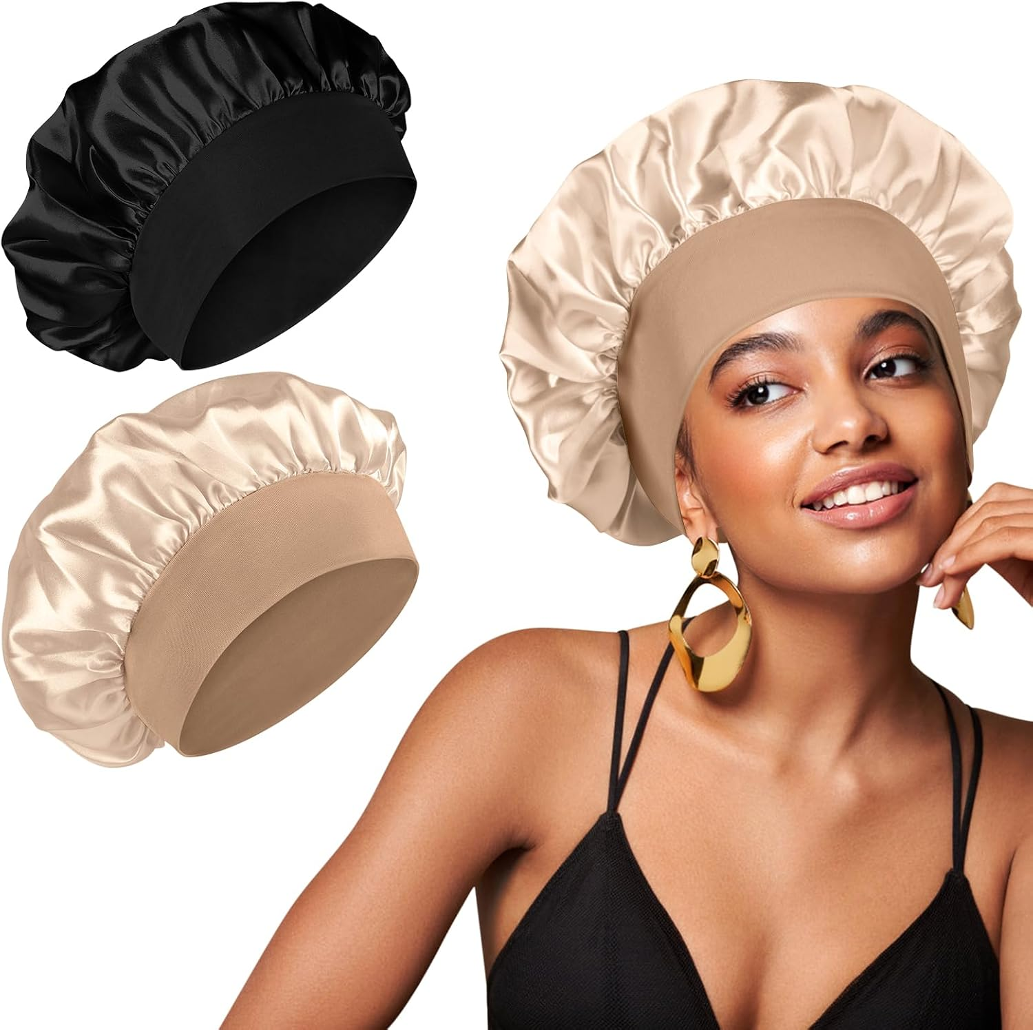 2 Pcs Silk Hair Wrap for Sleeping, Stain Bonnets Hair Bonnet with Wide Elastic Band, Soft Night Sleep Cap for Women Girls, Curly Hair Care Head Cover for Night Sleep (Black+Beige)