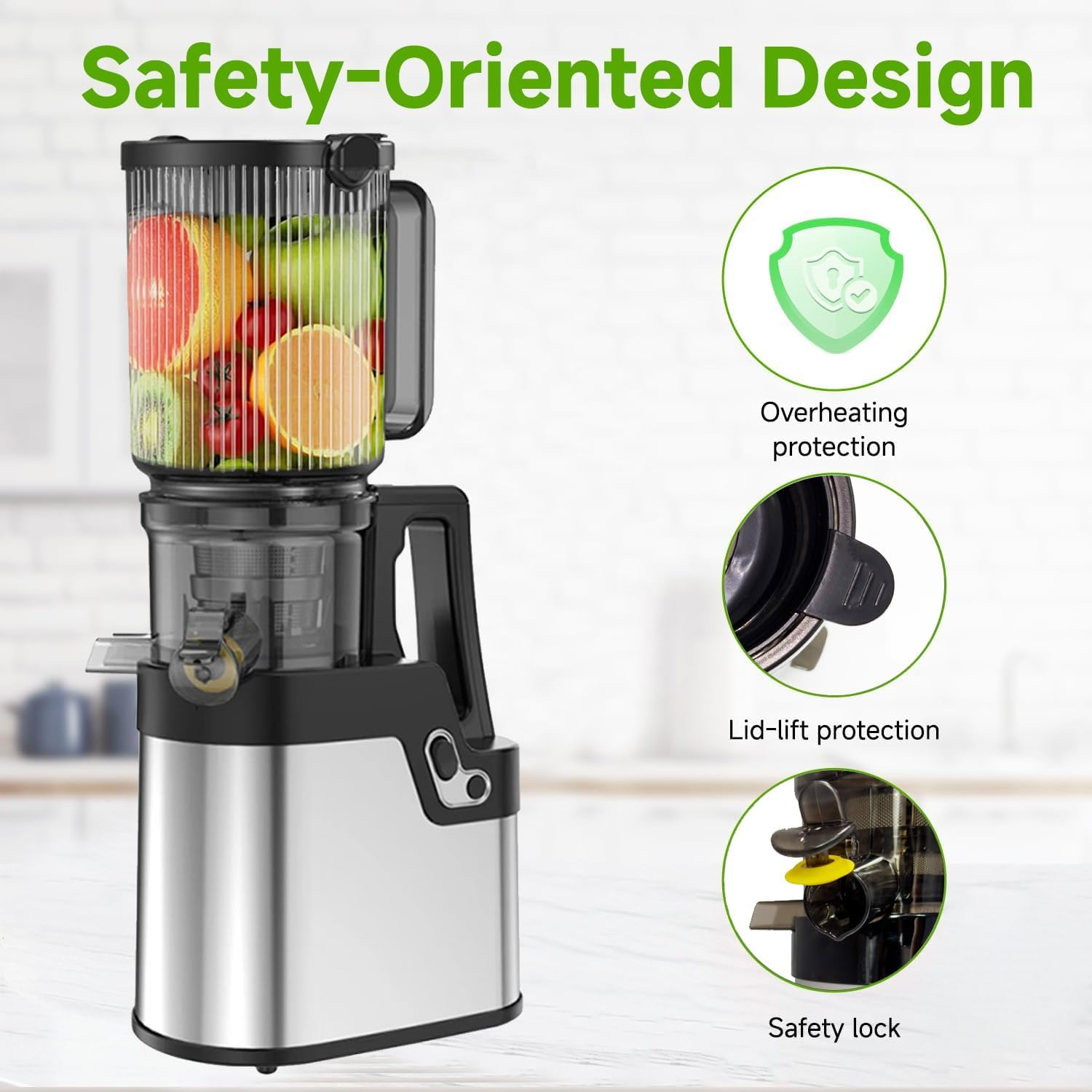 Cold Press Juicer, 250W Slow Masticating Juicer Machine with 10.5Cm/4.2" Wide Feed Chute, for Whole Fruits and Vegetables, High Juice Yield, Quiet Motor, Easy to Clean (Silver)