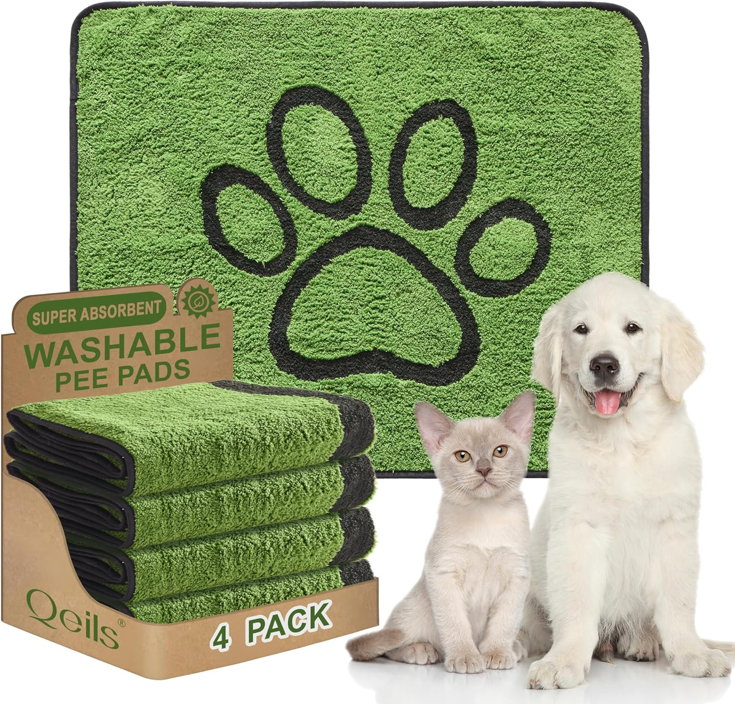 Qeils Washable Pee Pads for Dogs, 2 Pack Super Absorbent Reusable Puppy Pads with Green Long Wool for Potty Training, Floor, Couch, Bed, and Crate,24"X 36" image number 1