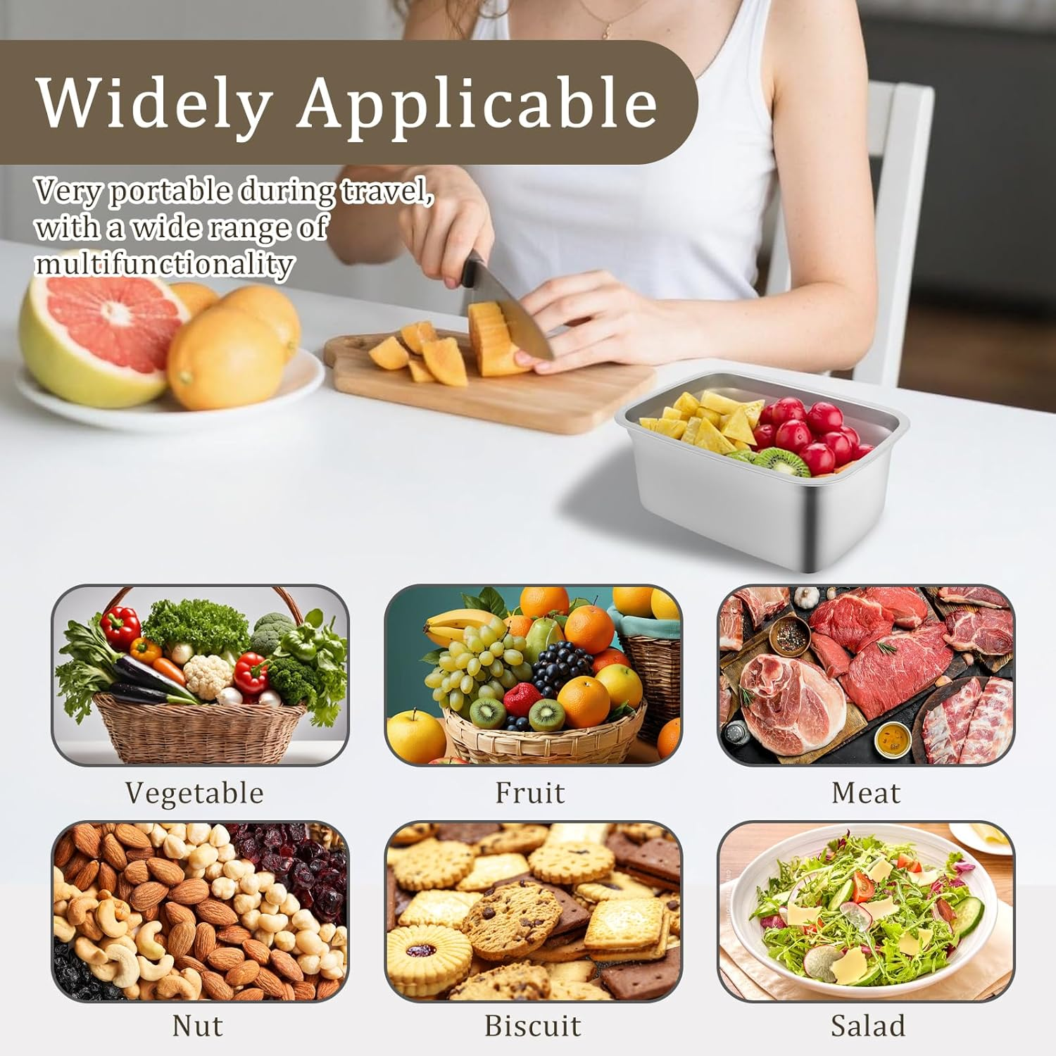 5 PCS Stainless Steel Food with Lid, 1500Ml/2500Ml Crisper Box for Fridge Fruit Container Airtight Kitchen Box for Vegetable Meat Cookie (1500ML) - 1500Ml image number 2