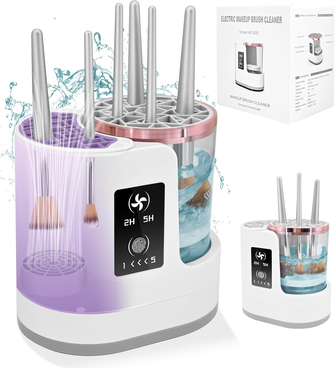 Makeup Brush Cleaner and Dryer with Touch Control, Automatic 5-Min Countdown Cleaning Brushes, Dual-Direction Spin, 2H/5H Air Drying, Wet-Dry Separation &ndash; 3 in 1 Electric Brush Washer for Multiple Brush Sizes image number 3