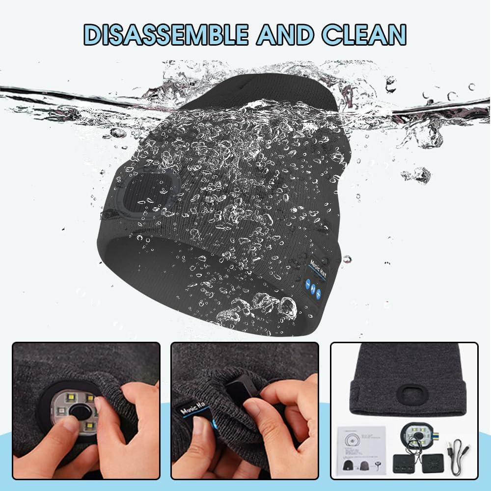 Sonicefit Bluetooth Beanie Music Hat with Light, Rechargeable LED Headlamp Knit Cap with Built-In Wireless Headphones & Mic, Unisex Winter Warm Hat - Black image number 2