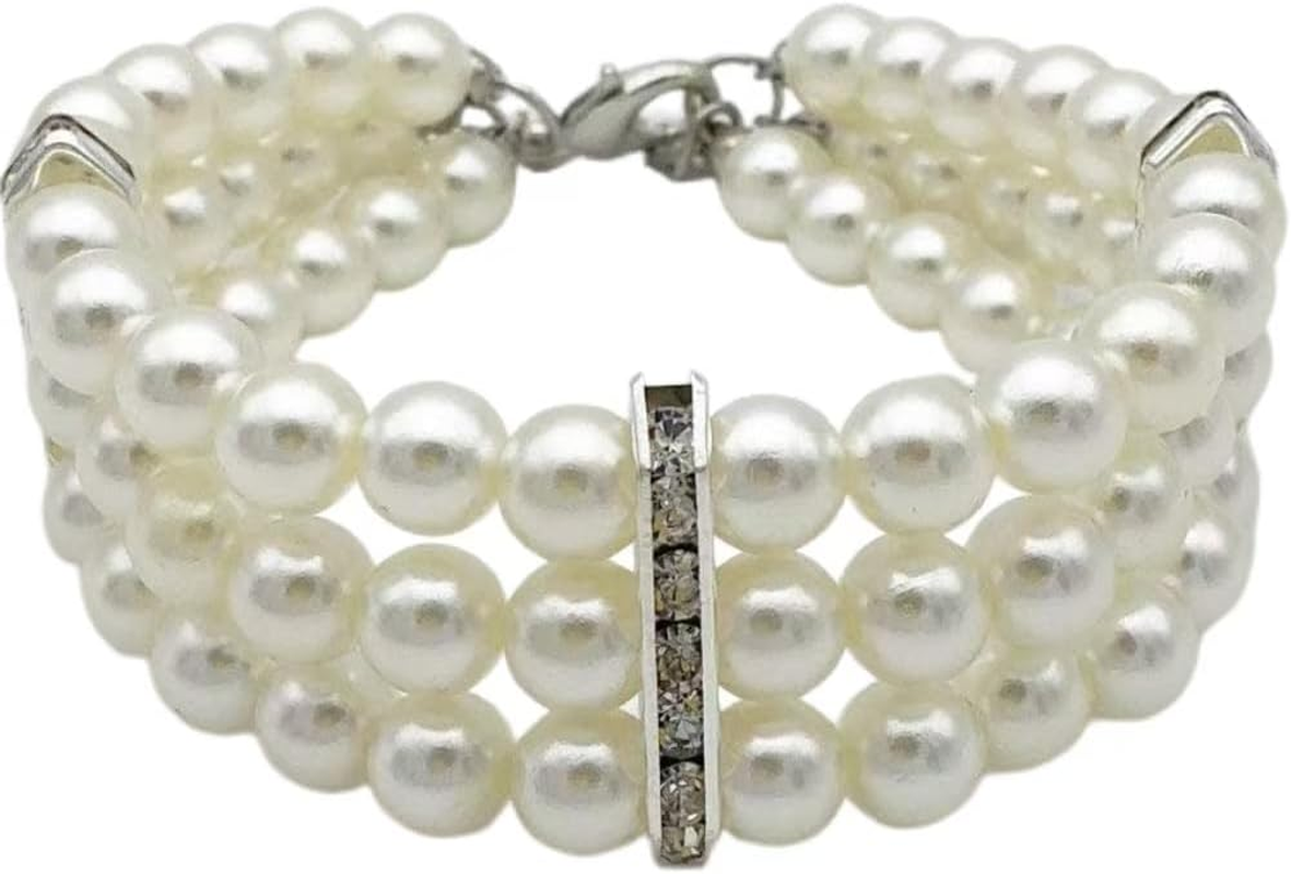 Pet Three Rows Pearl Pet Collar Cat Dog Necklace Jewelry (White, XL) image number 3